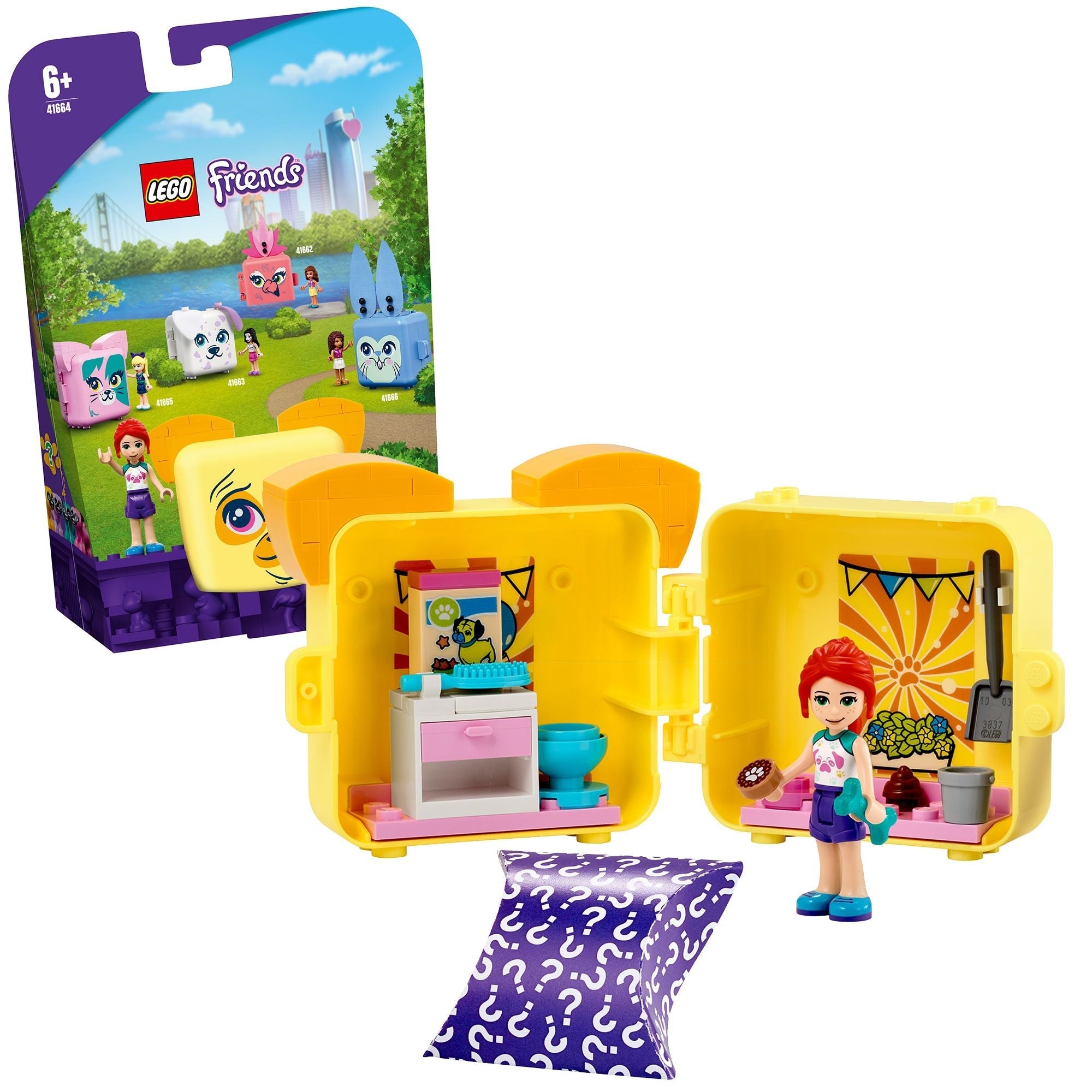LEGO® Friends Mia’s Pug Cube Playset 41664 with cute interior, accessories, and Mia figure for animal-loving kids.