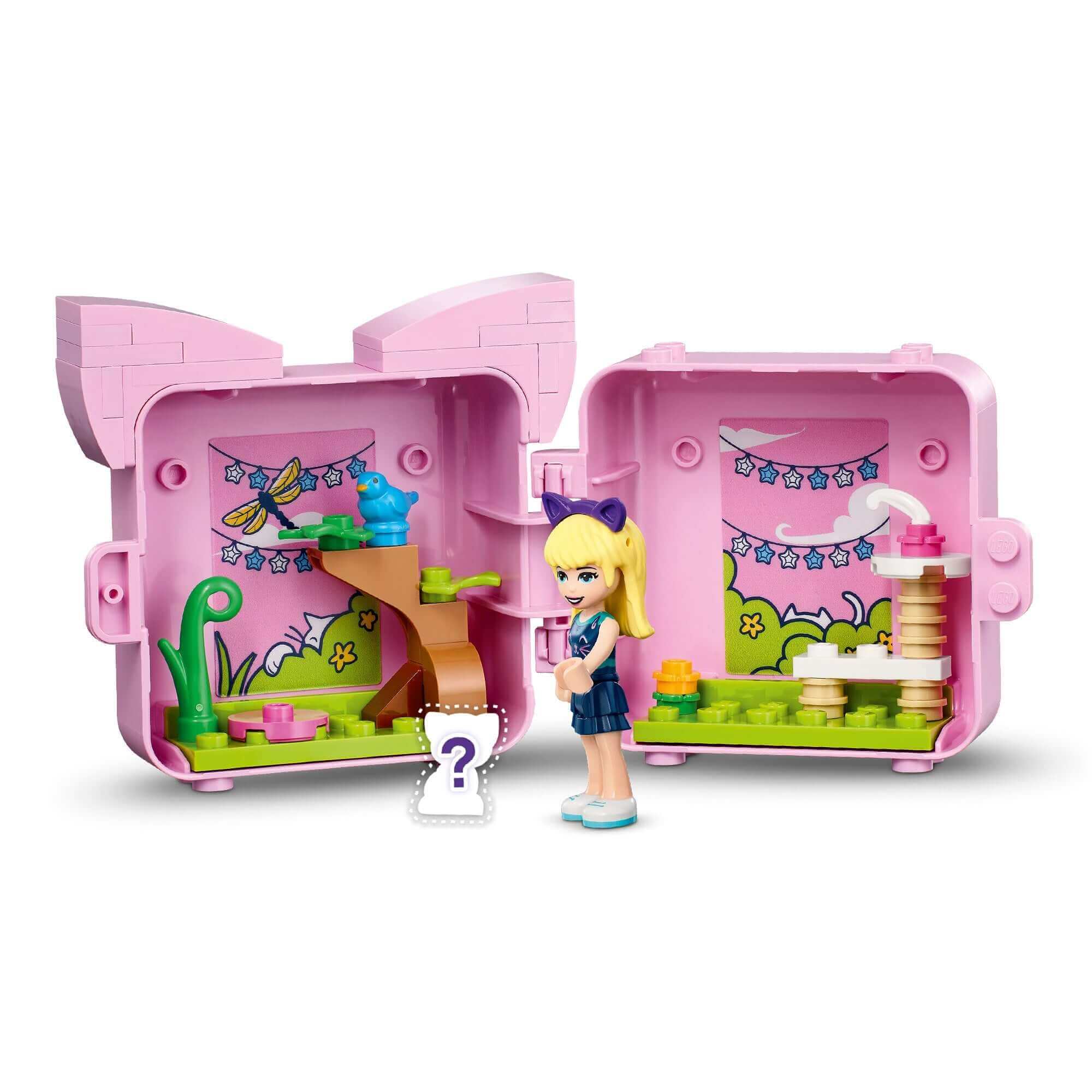 LEGO Friends Stephanie's Cat Cube Playset 41665 with minidoll and colorful pet accessories in a compact design.