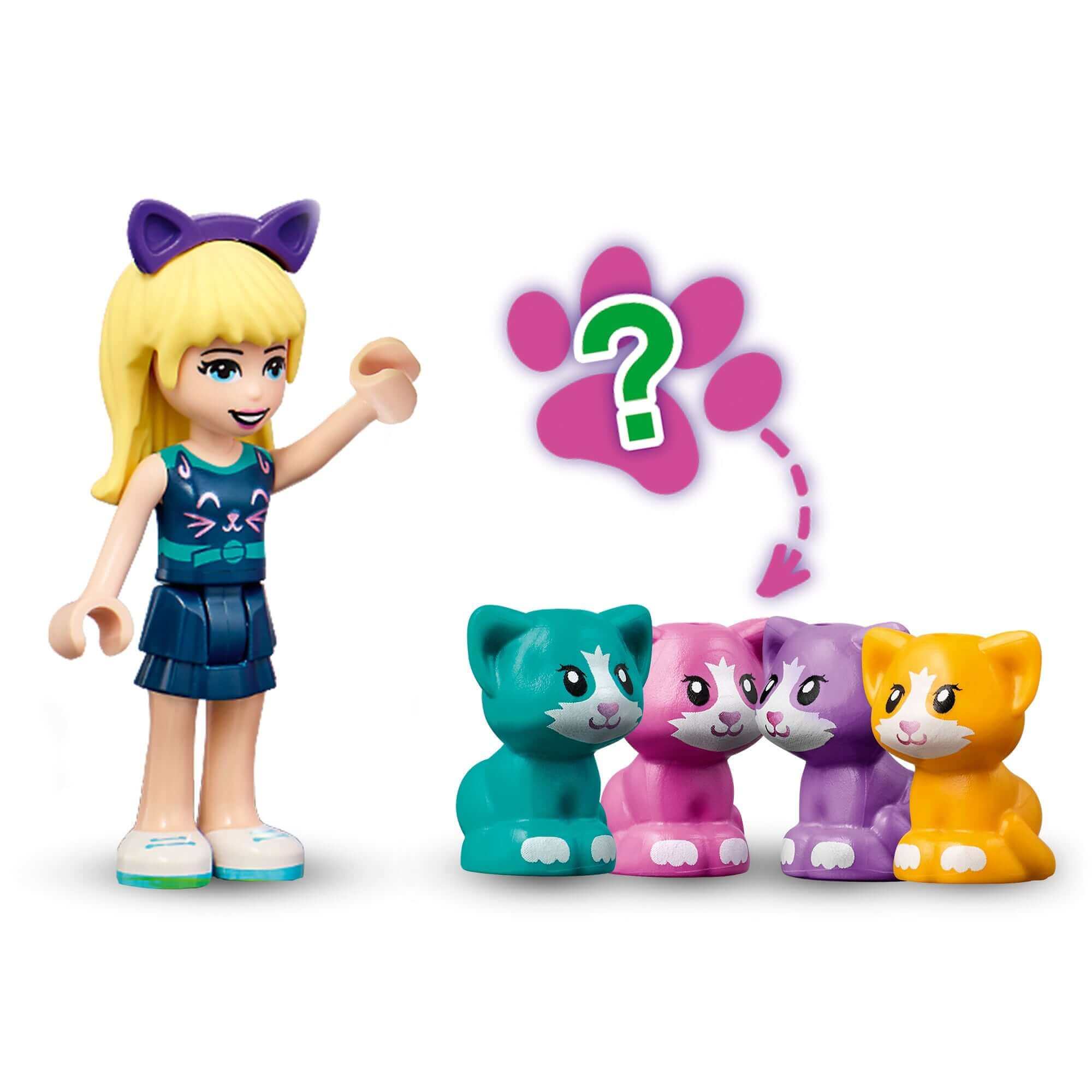 LEGO® Friends Stephanie with colorful cat figures in her Cat Cube playset, perfect for cat-loving kids.