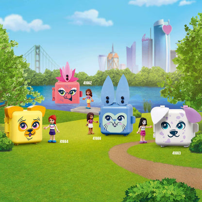 LEGO Friends mini doll playsets in a park featuring colorful animal-themed cubes and kids enjoying playtime.