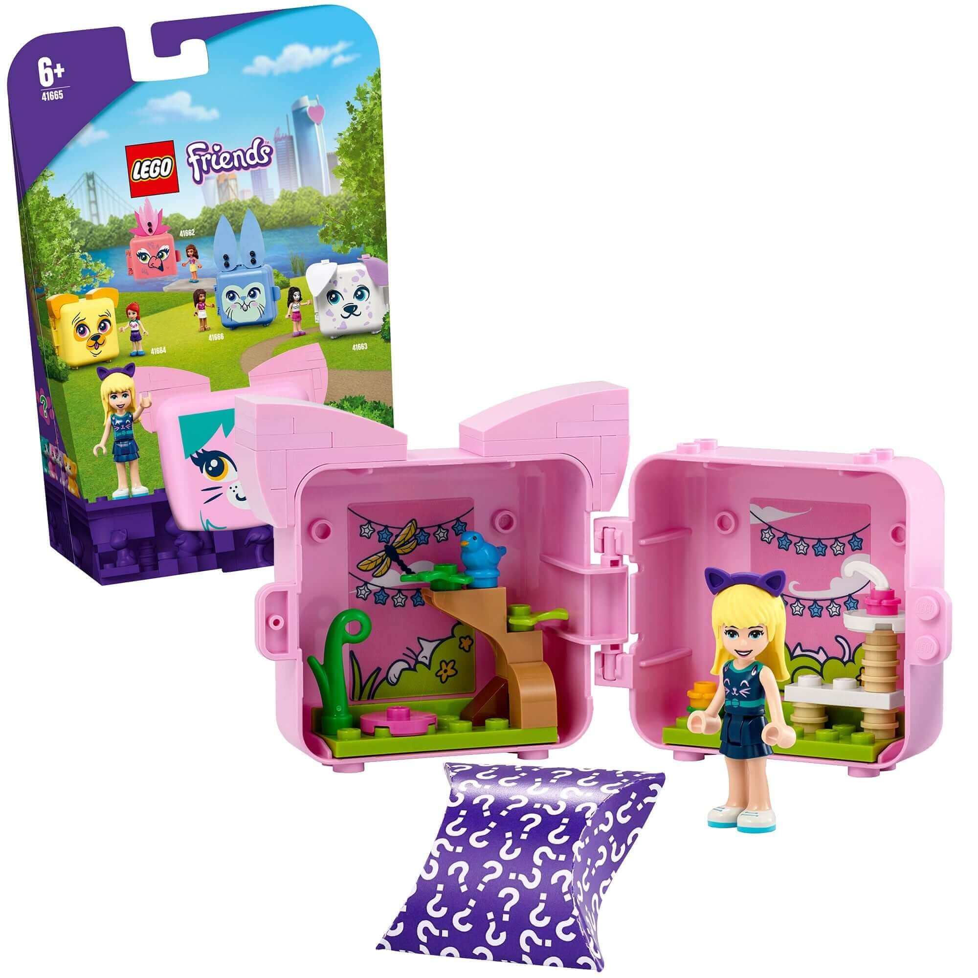 LEGO Friends Stephanie's Cat Cube Playset 41665 features a minidoll and cute cat-themed accessories in a portable design.