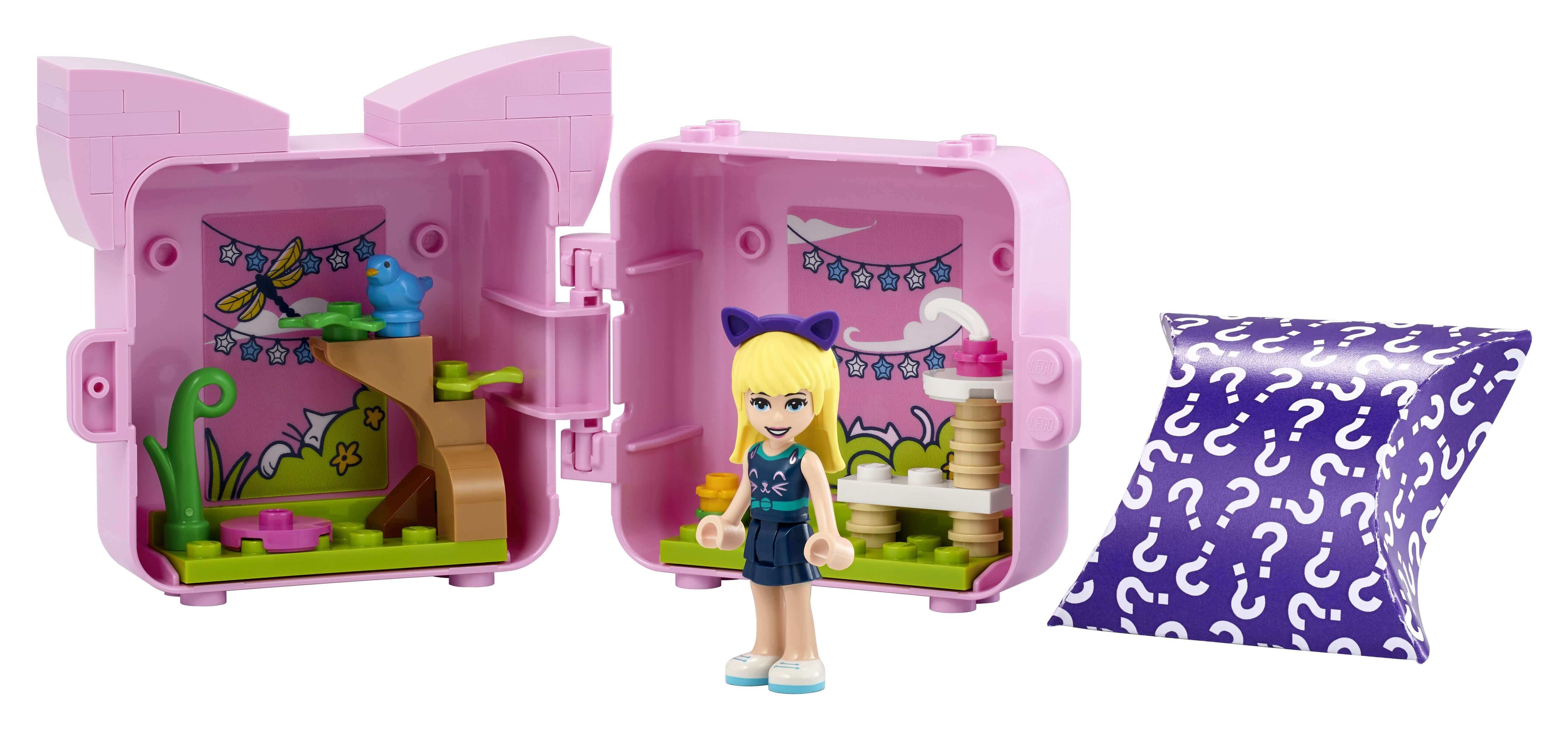 LEGO Friends Stephanie’s Cat Cube Playset 41665 with minidoll and colorful accessories for kids.