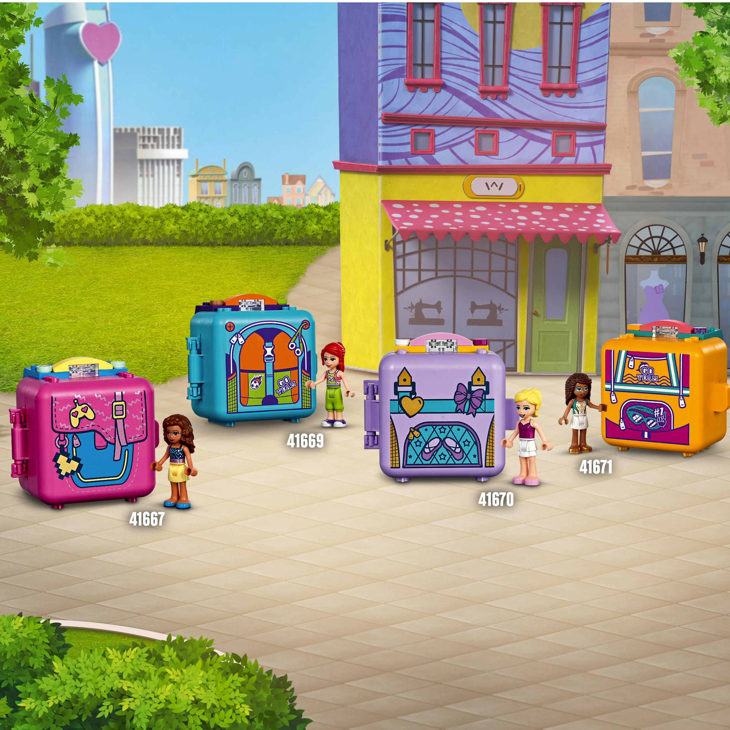 Colorful LEGO® Friends Fashion Cubes for creative play, showcasing portable designs and adorable characters outdoors.