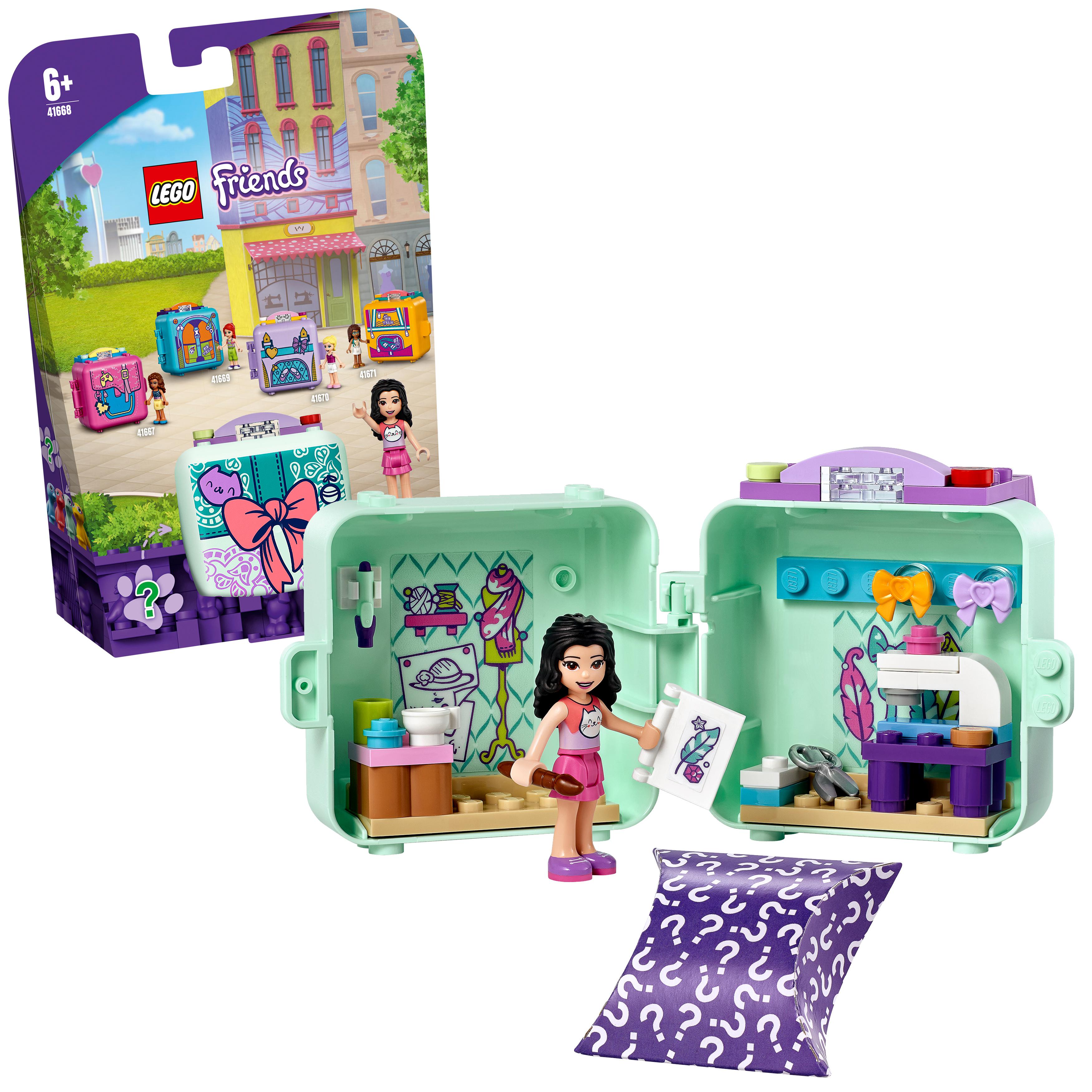 LEGO Friends Emma’s Fashion Cube Play Set 41668 with mini-doll, sewing accessories, and creative design elements.