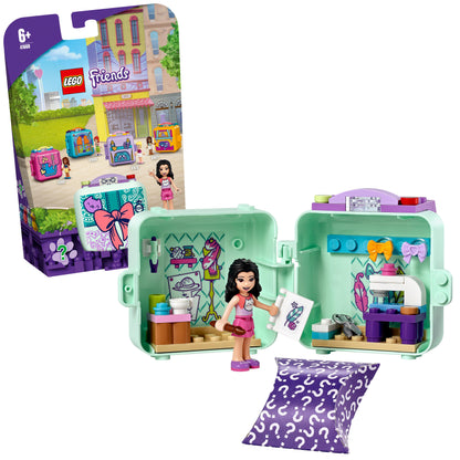 LEGO Friends Emma’s Fashion Cube Play Set 41668 with mini-doll, sewing accessories, and creative design elements.