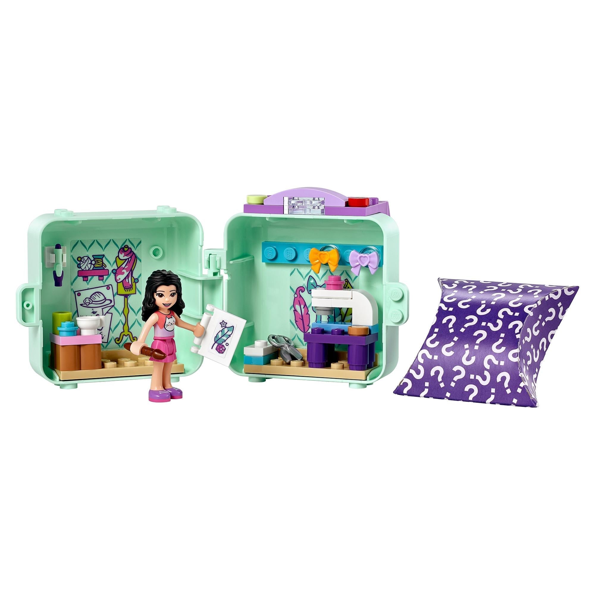 LEGO Friends Emma's Fashion Cube Play Set 41668 with portable toy and character for creative sewing fun.