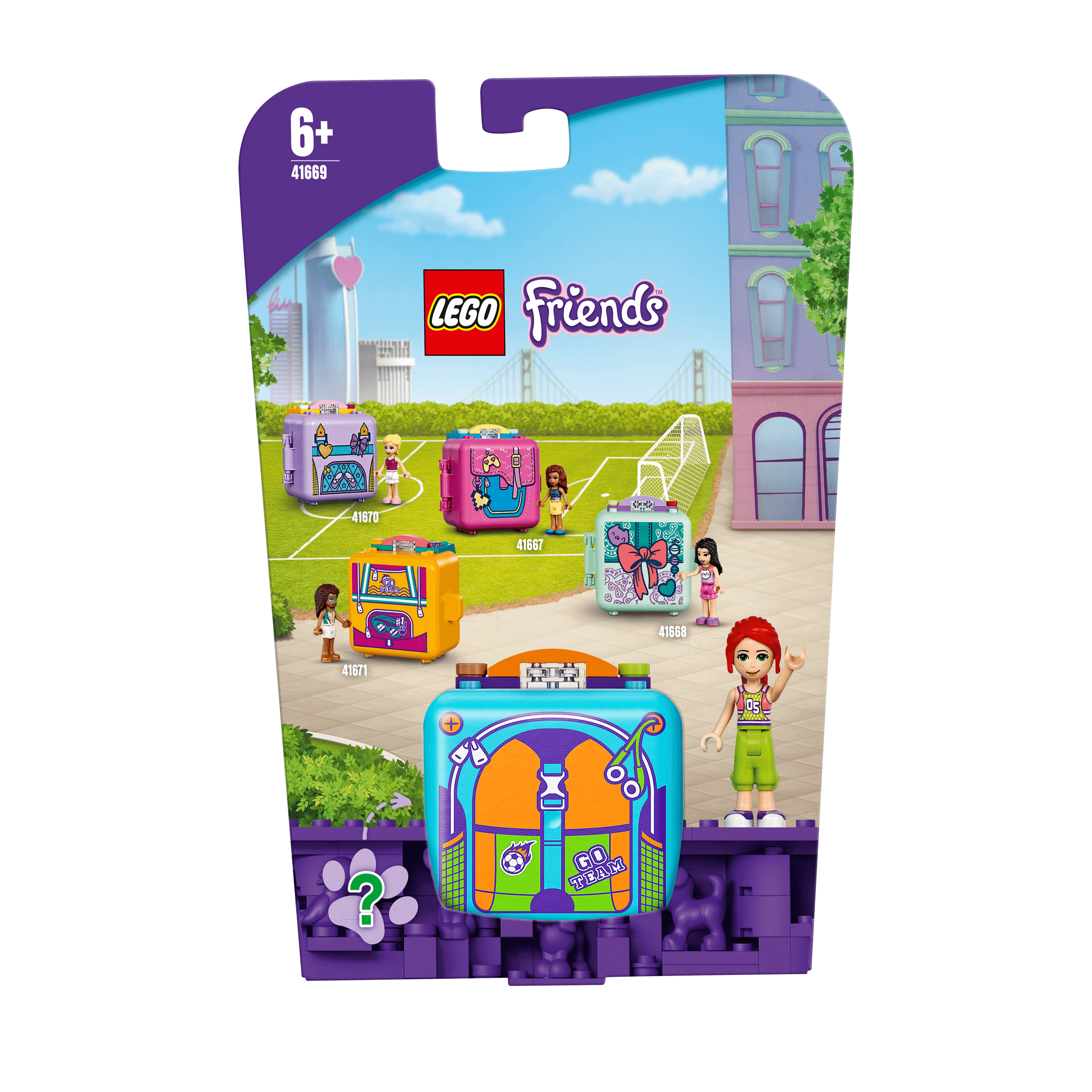 LEGO® Friends Mia’s Soccer Cube Play Set 41669 packaging showcasing portable playset for young football fans.