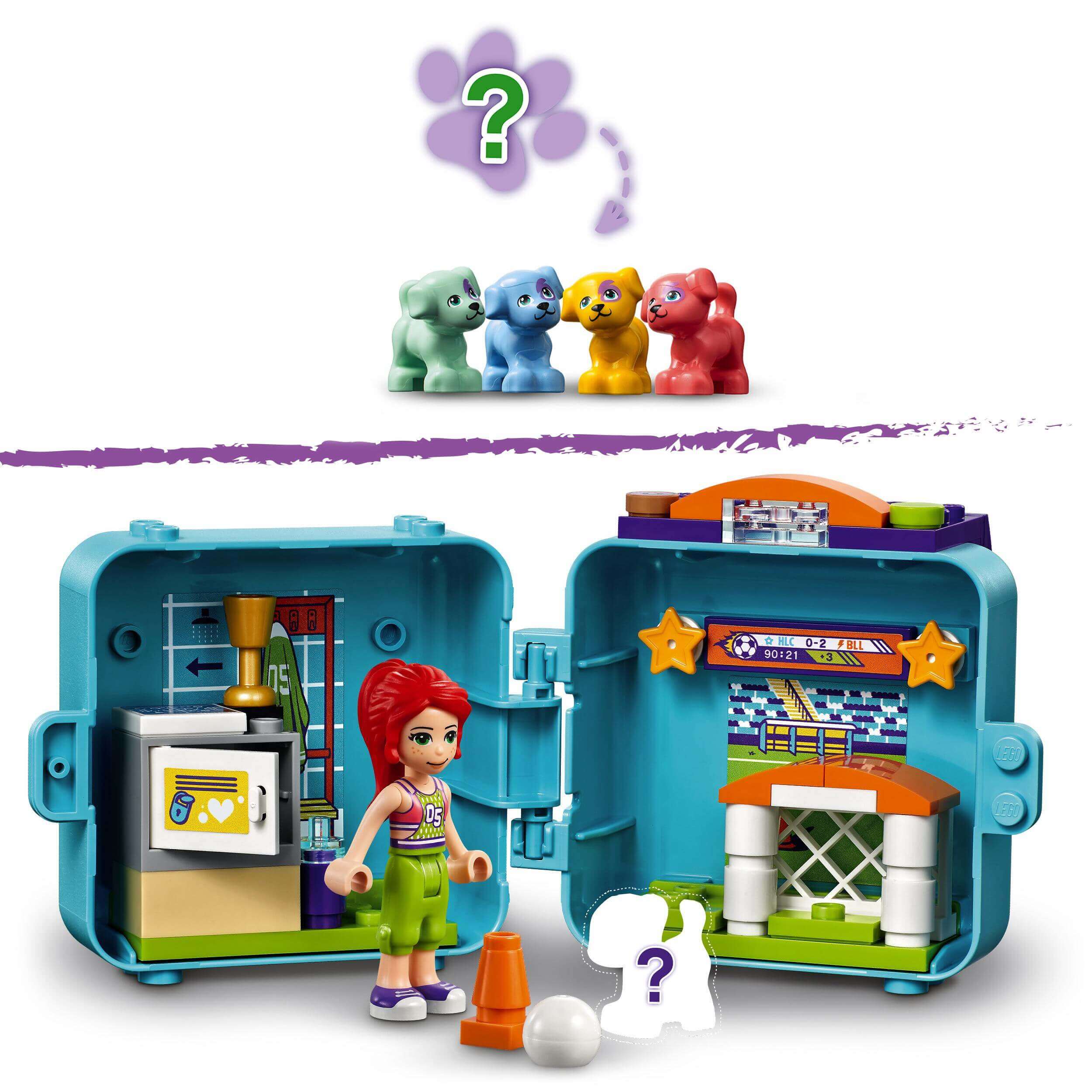LEGO® Friends Mia’s Soccer Cube Play Set 41669 featuring Mia and soccer-themed accessories for creative play.