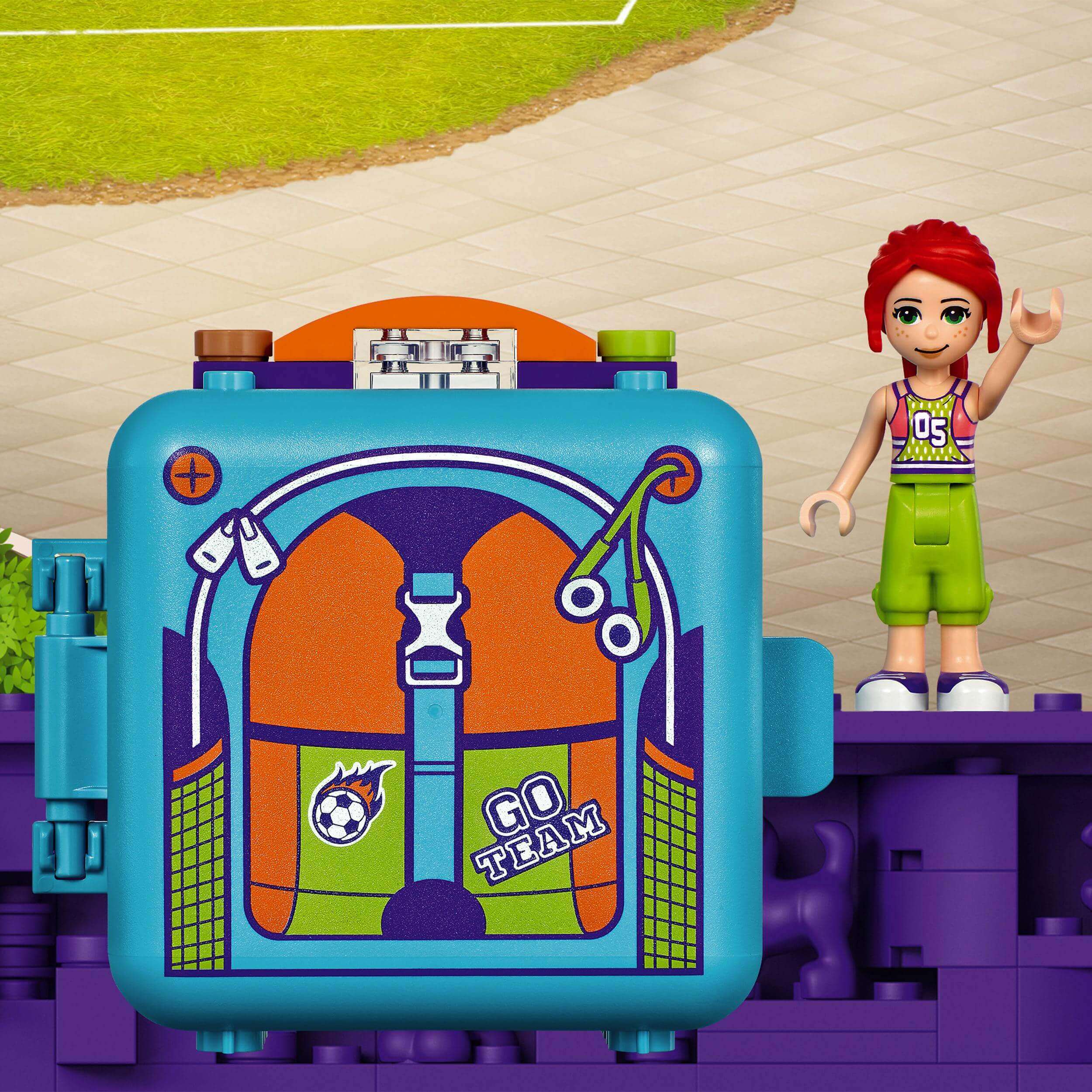 LEGO Friends Mia's Soccer Cube playset with colorful backpack and mini figure, perfect for young football fans.