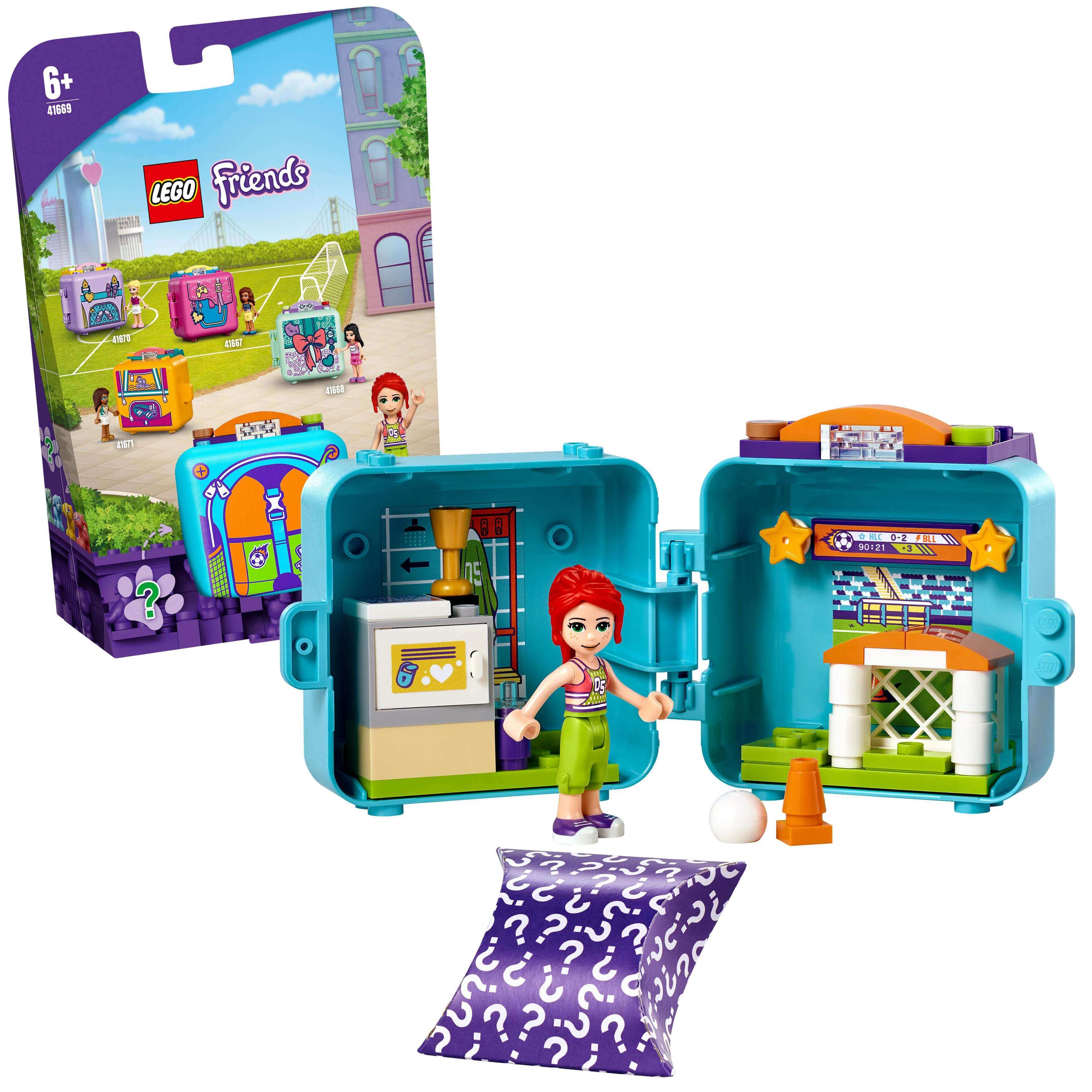 LEGO Friends Mia's Soccer Cube Play Set 41669 with Mia mini-doll, soccer accessories, and portable case.