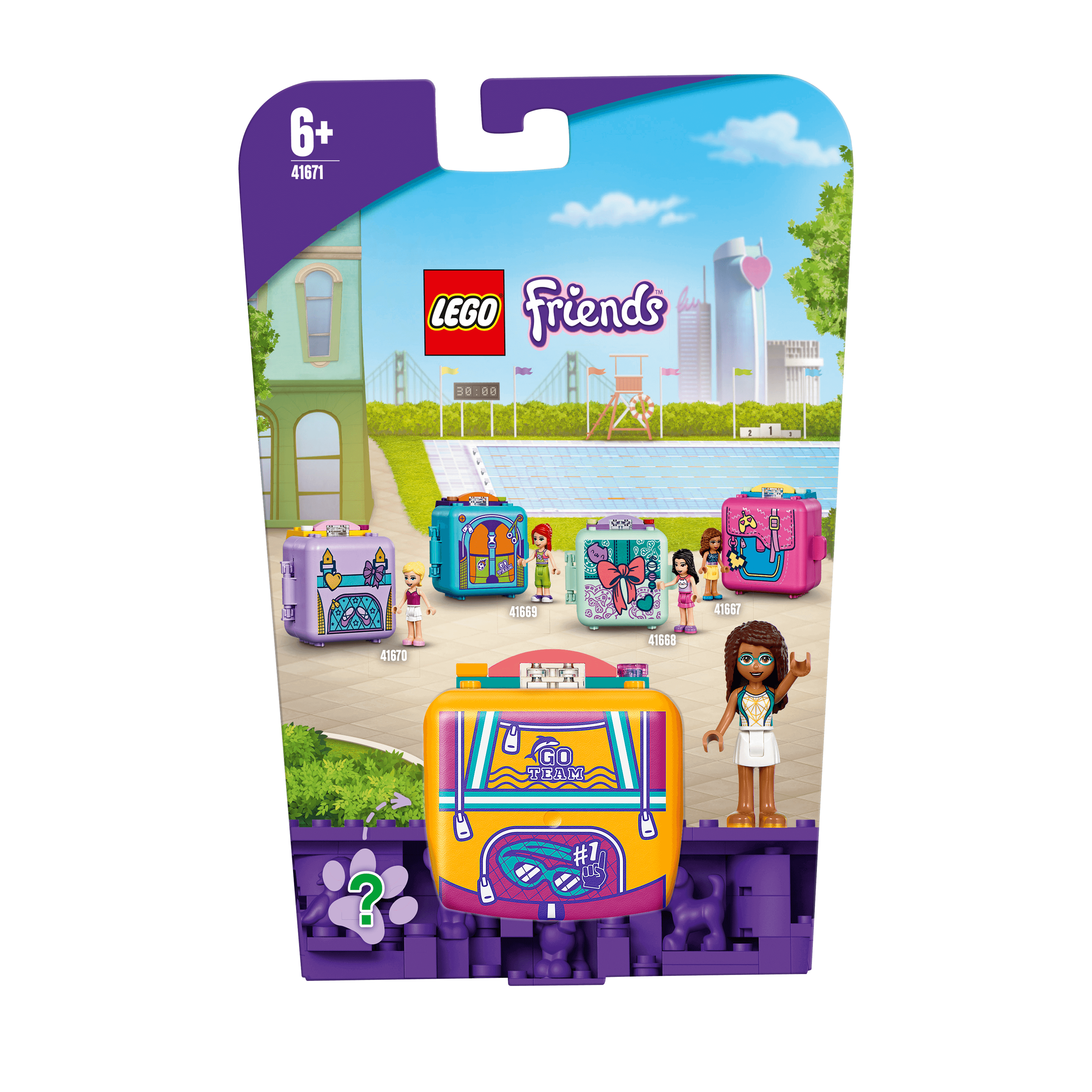 LEGO Friends Andrea's Swimming Cube Play Set 41671 with colorful packaging and characters for kids 6 and up.