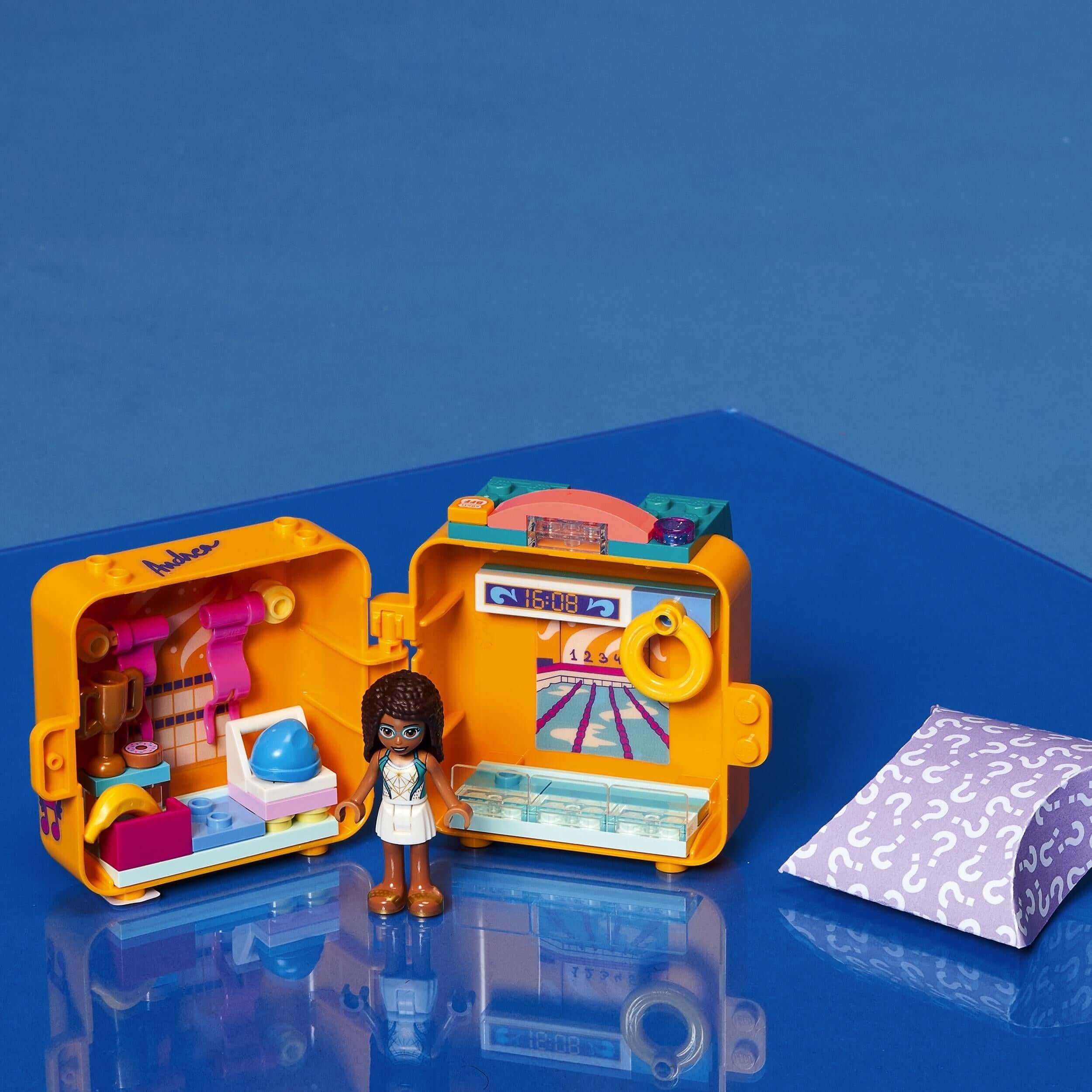 LEGO® Friends Andrea's Swimming Cube Play Set 41671 with colorful interior and mini doll for young swimming fans.