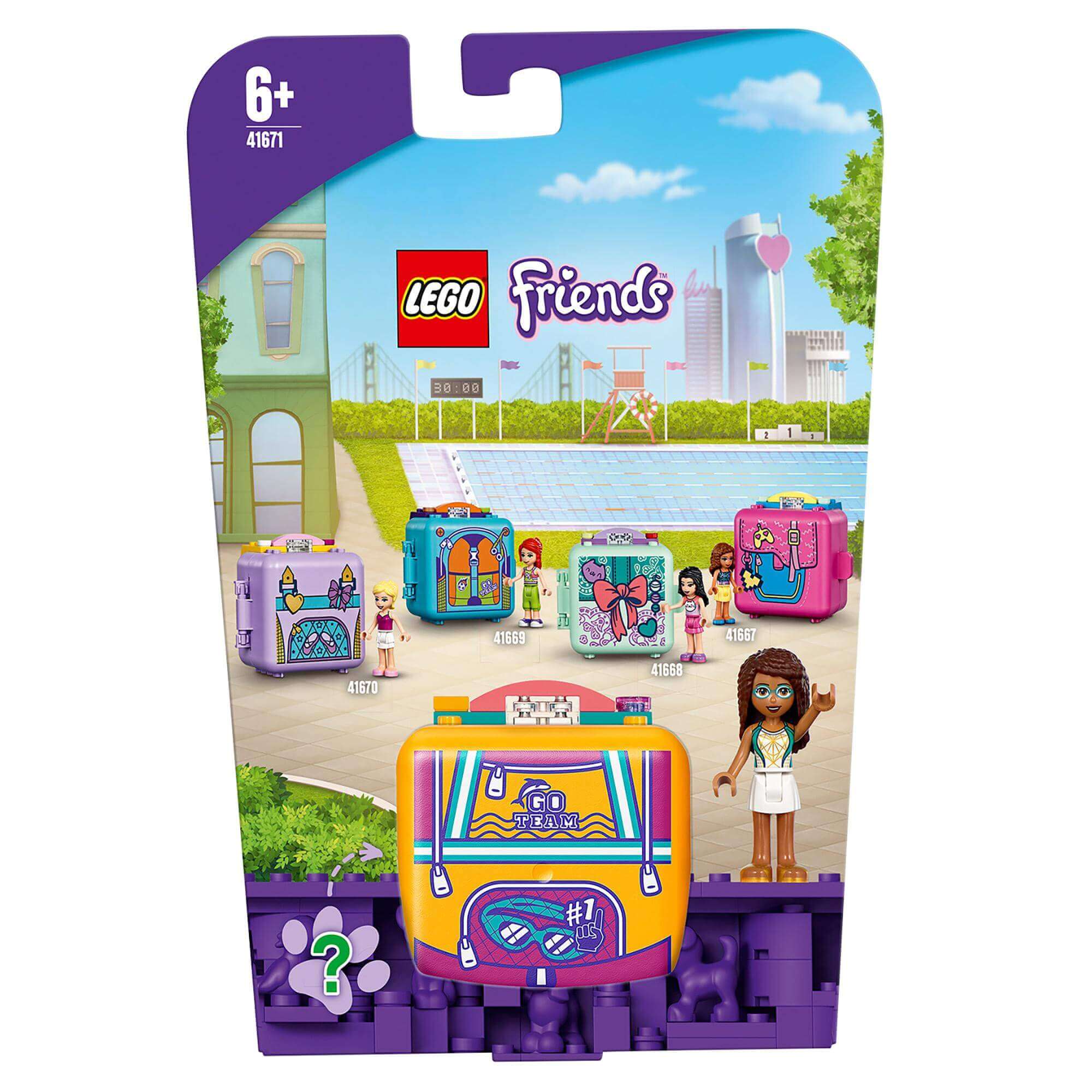 LEGO® Friends Andrea's Swimming Cube Play Set 41671, compact travel toy for swimming fans, suitable for ages 6 and up.