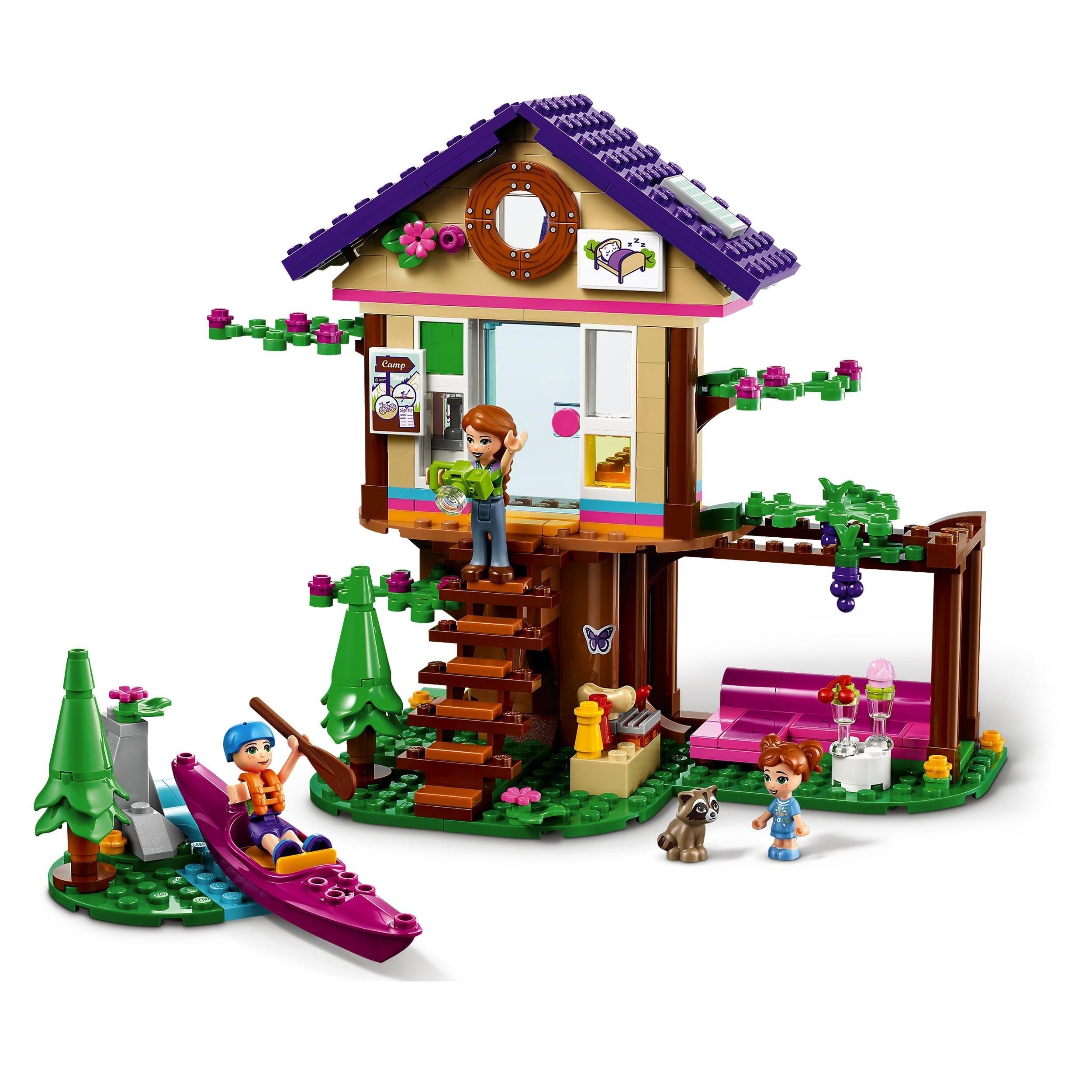 LEGO Friends Forest House Treehouse Set 41679 with kids playing, kayak, and nature-themed features.