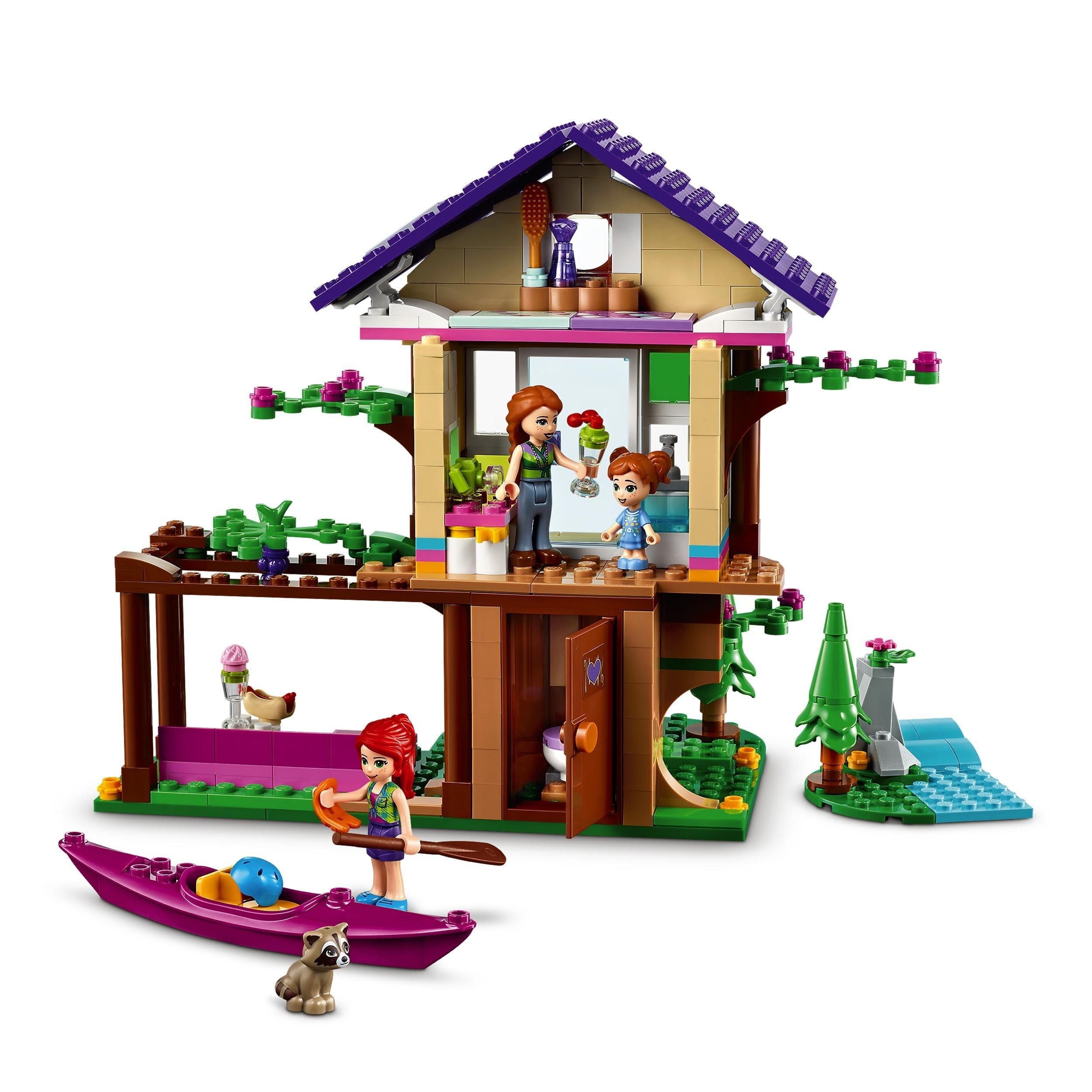 LEGO® Friends Forest House Treehouse Set 41679 with kids playing, kayak, and nature elements for imaginative fun.