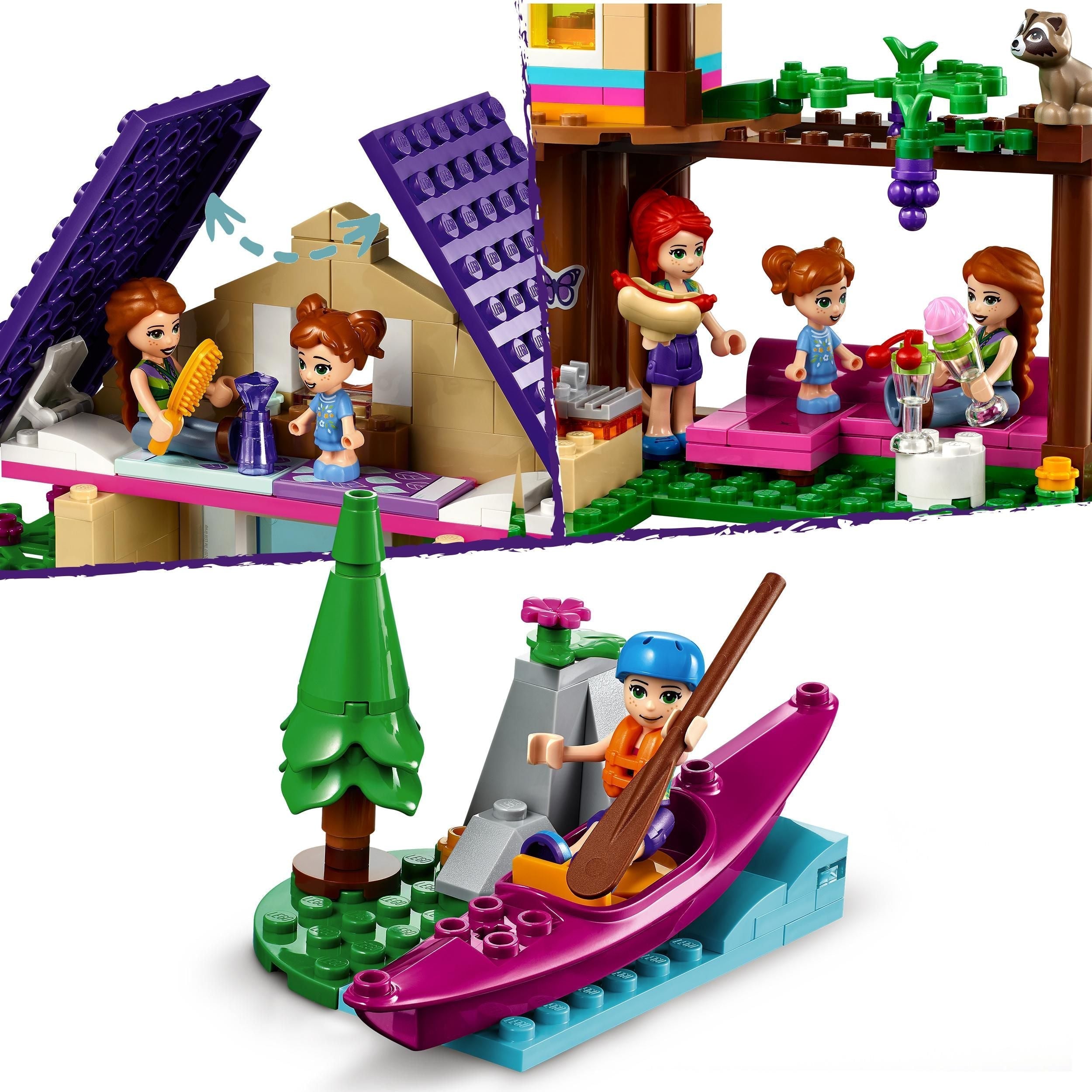 LEGO® Friends Forest House Treehouse Set 41679 featuring kids playing in nature, kayaking, and crafting in a colorful treehouse.