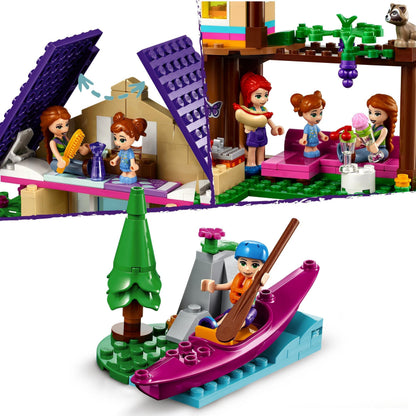 LEGO® Friends Forest House Treehouse Set 41679 featuring kids playing in nature, kayaking, and crafting in a colorful treehouse.