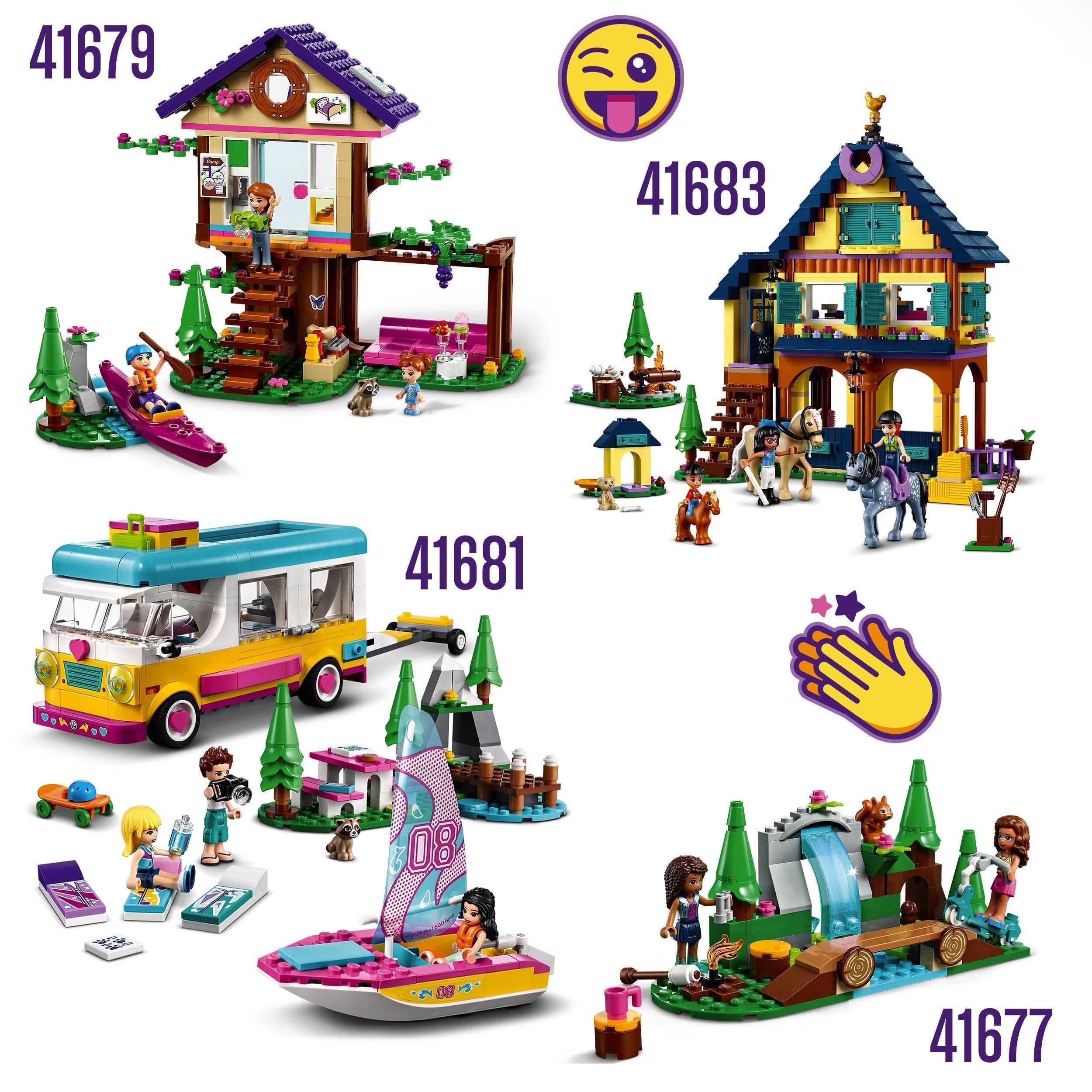 LEGO Friends Forest House Treehouse Set 41679 with other nature-themed playsets for kids' imaginative fun.