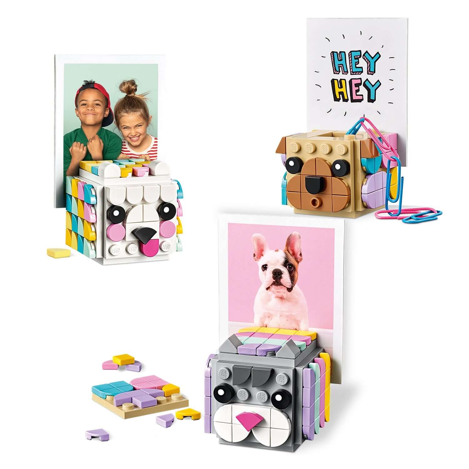 Colorful LEGO® DOTS Animal Picture Holders showcasing DIY cubes as a dog and two cute animal faces with photos.