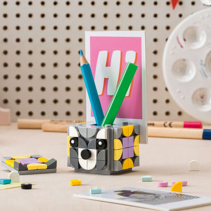 Colorful DOTS by LEGO® animal picture holder with pencils, showcasing creative design and DIY fun for kids.