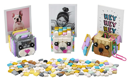LEGO DOTS Animal Picture Holders set featuring colorful cubes shaped like animals, surrounded by decorative tiles.