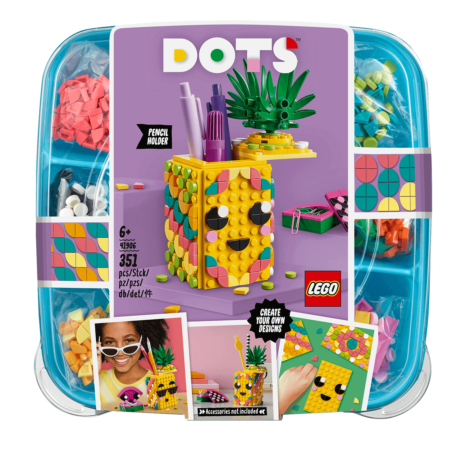 LEGO® DOTS Pineapple Pencil Holder Crafts Set 41906 with colorful tiles for creative desk decor and design.