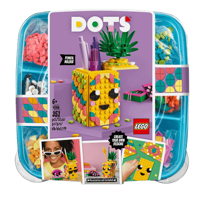 LEGO® DOTS Pineapple Pencil Holder Crafts Set 41906 with colorful tiles for creative desk decor and design.