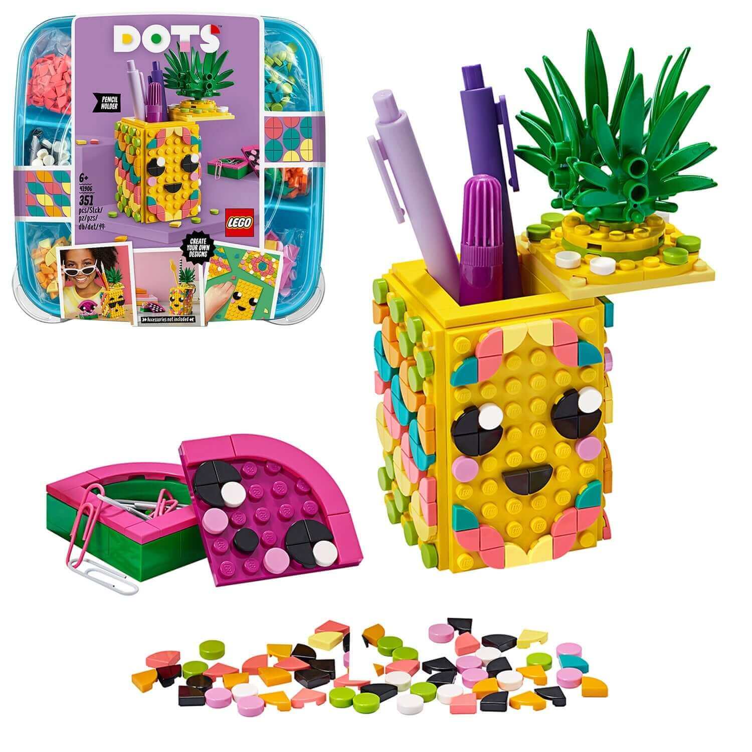 LEGO® DOTS Pineapple Pencil Holder Crafts Set 41906 with colorful tiles, pens, and accessories for creative kids' decor.