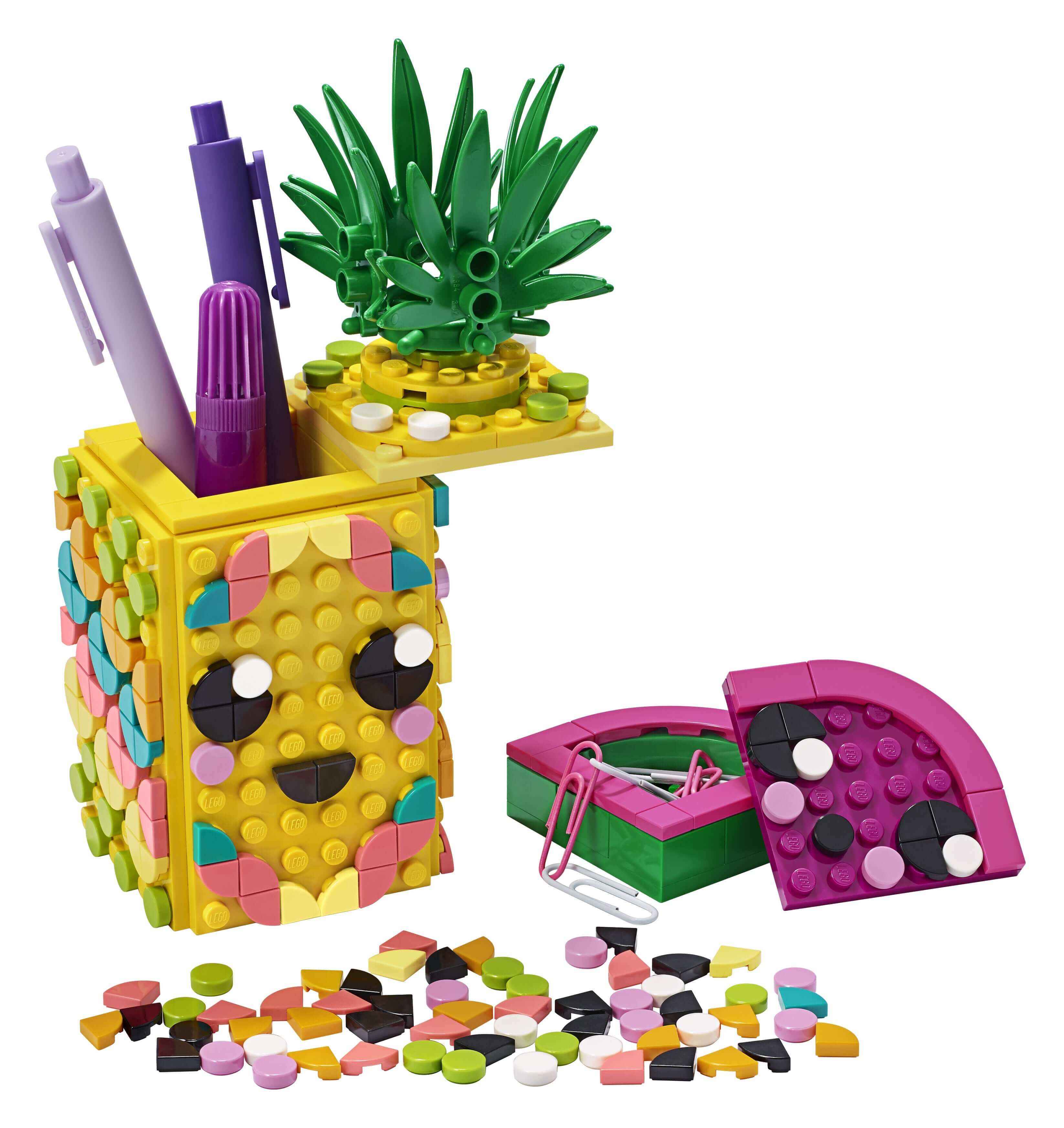 LEGO® DOTS Pineapple Pencil Holder with colorful tiles and accessories for kids' creative desk decor.