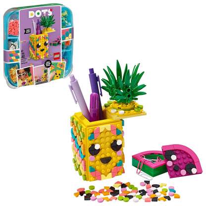 LEGO® DOTS Pineapple Pencil Holder Crafts Set 41906 with colorful tiles and pens for creative desk decor.