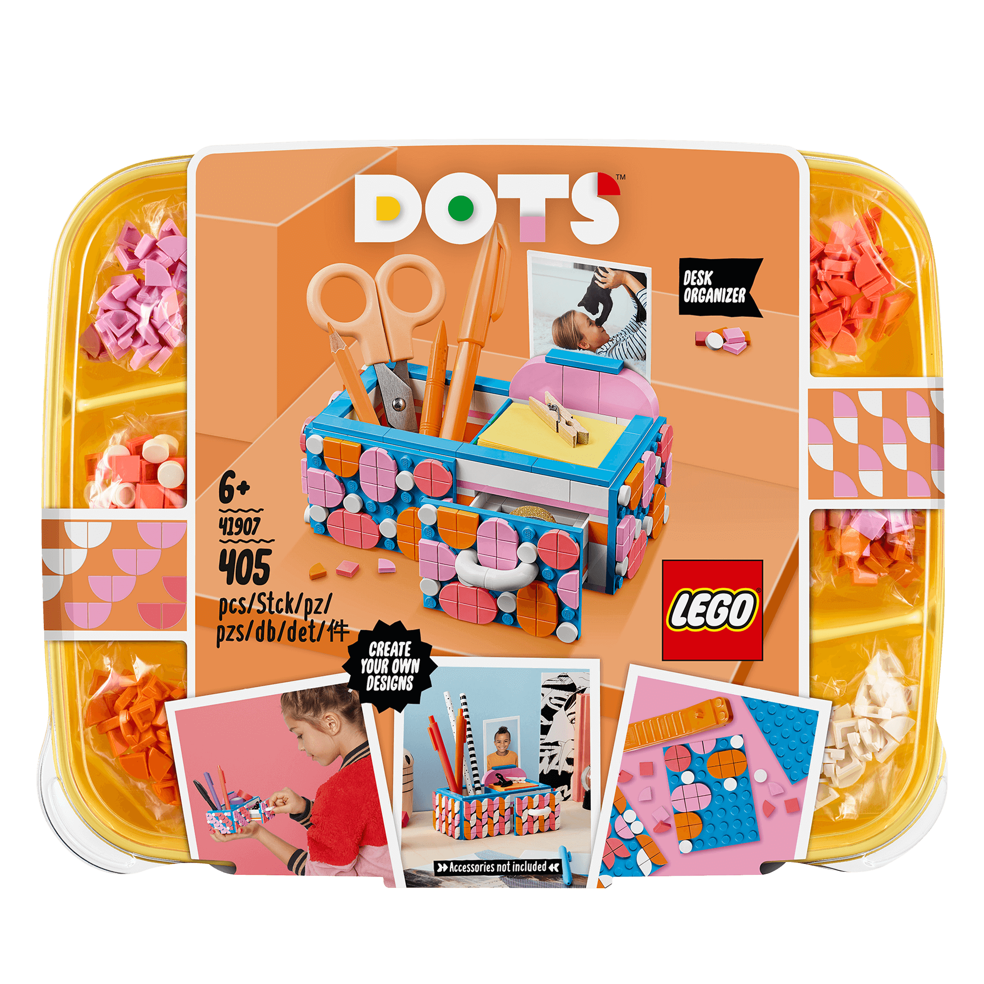 LEGO DOTS Desk Organiser Arts & Crafts Set 41907, featuring decorative tiles and a practical storage box for DIY enthusiasts.