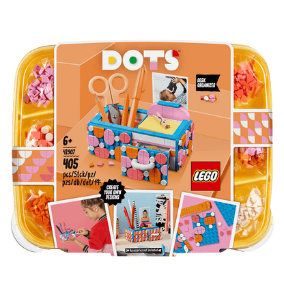 LEGO DOTS Desk Organiser Arts & Crafts Set 41907, featuring decorative tiles and a practical storage box for DIY enthusiasts.