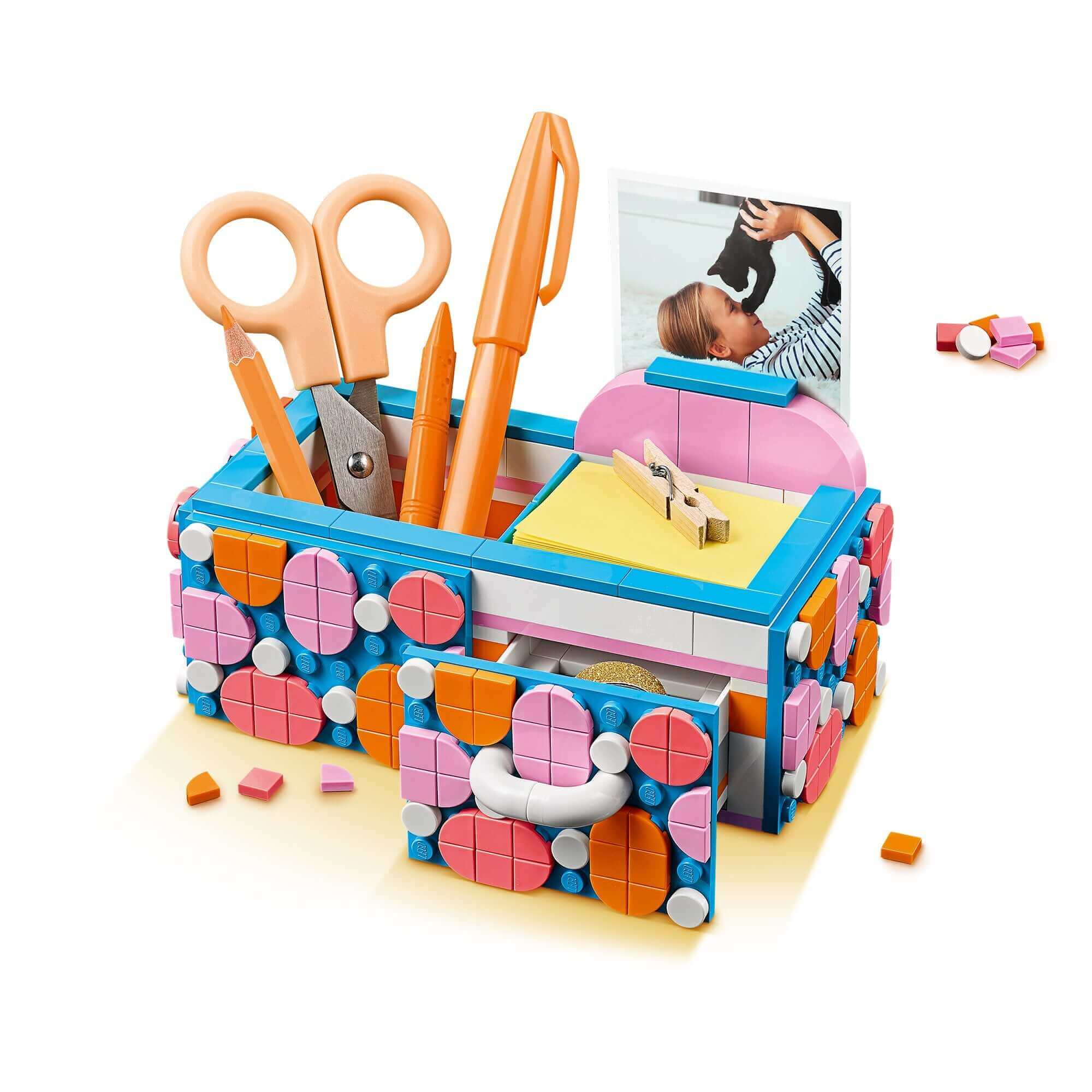 Colorful LEGO® DOTS Desk Organiser with scissors, pens, and a picture holder for arts and crafts enthusiasts.