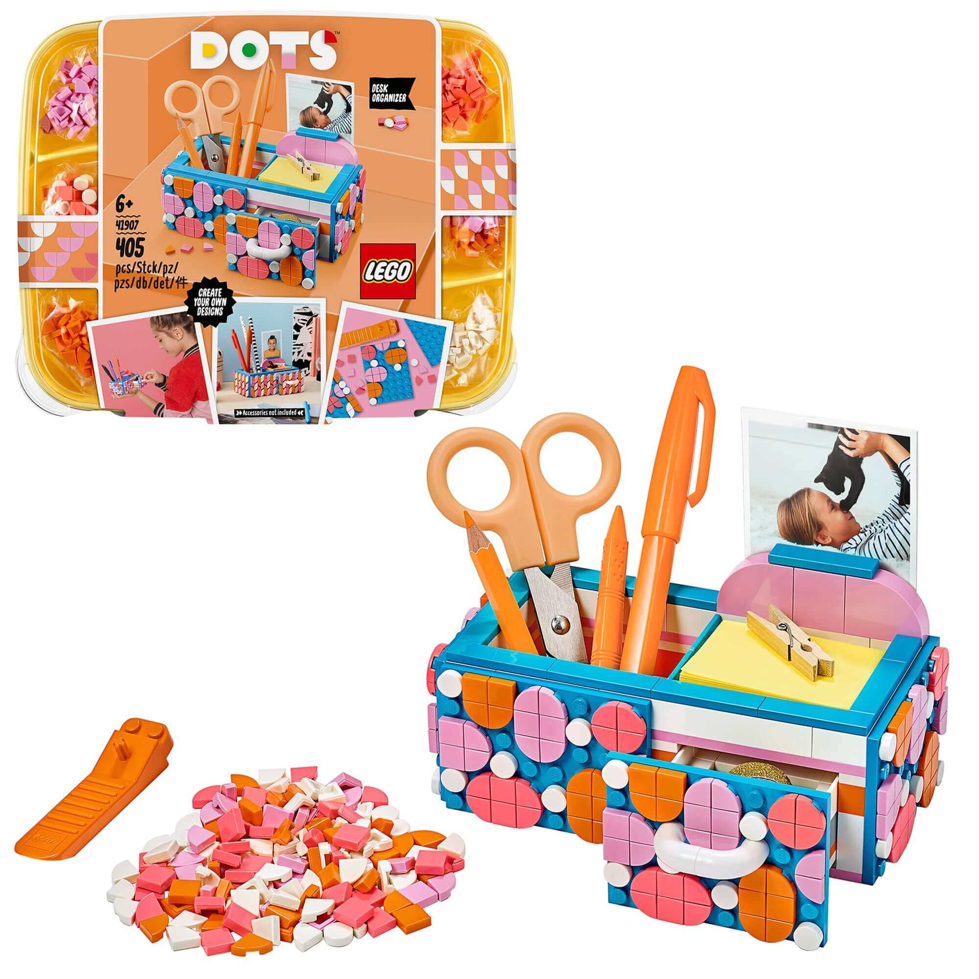 LEGO DOTS Desk Organiser Arts & Crafts Set 41907 with colorful storage box and decorative tiles for DIY projects.
