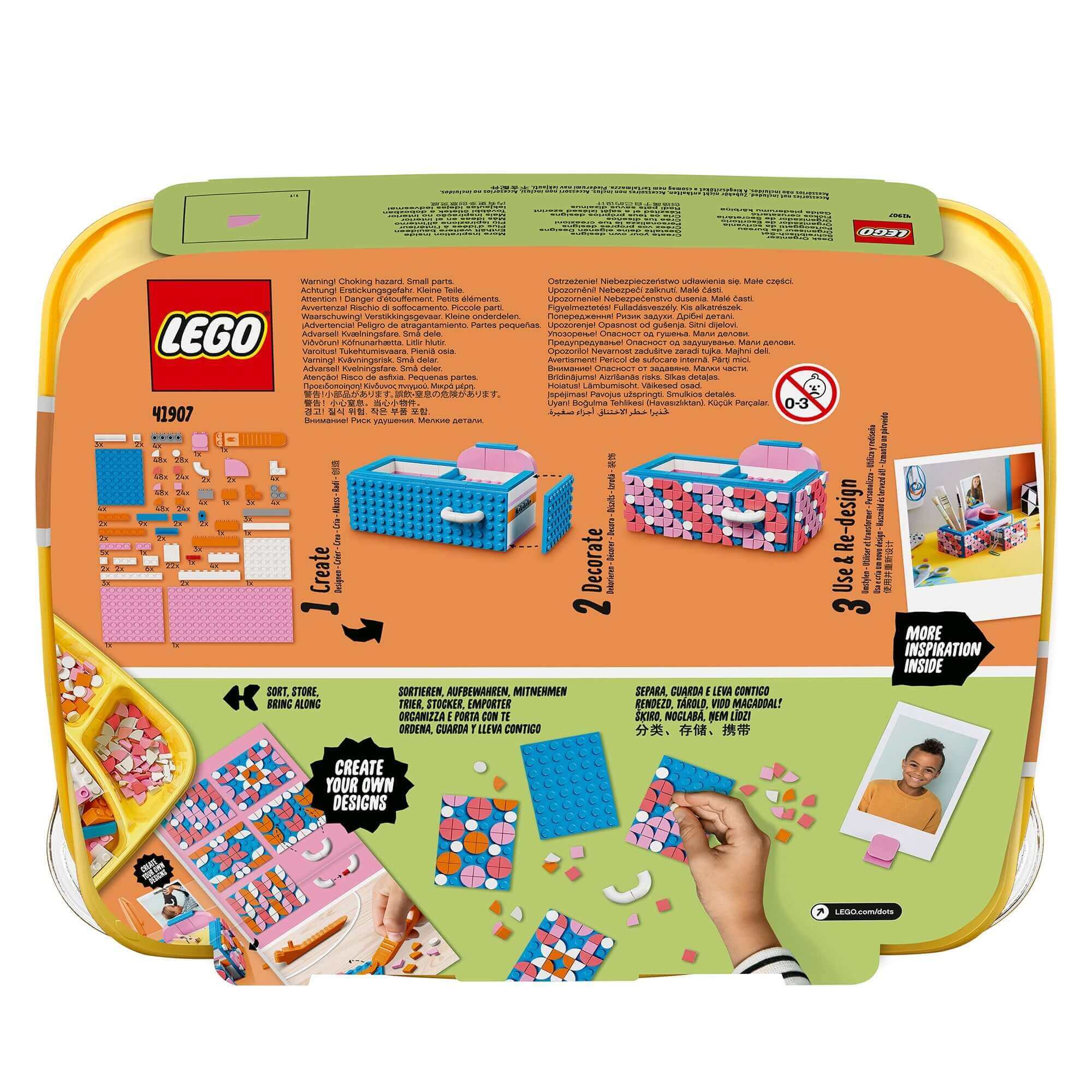 LEGO 41907 DOTS Desk Organiser Arts & Crafts Set with decor tiles, storage box and creative design options.