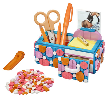 Colorful DOTS Desk Organiser featuring scissors, pens, a photo holder, and decorative tiles for DIY crafts.