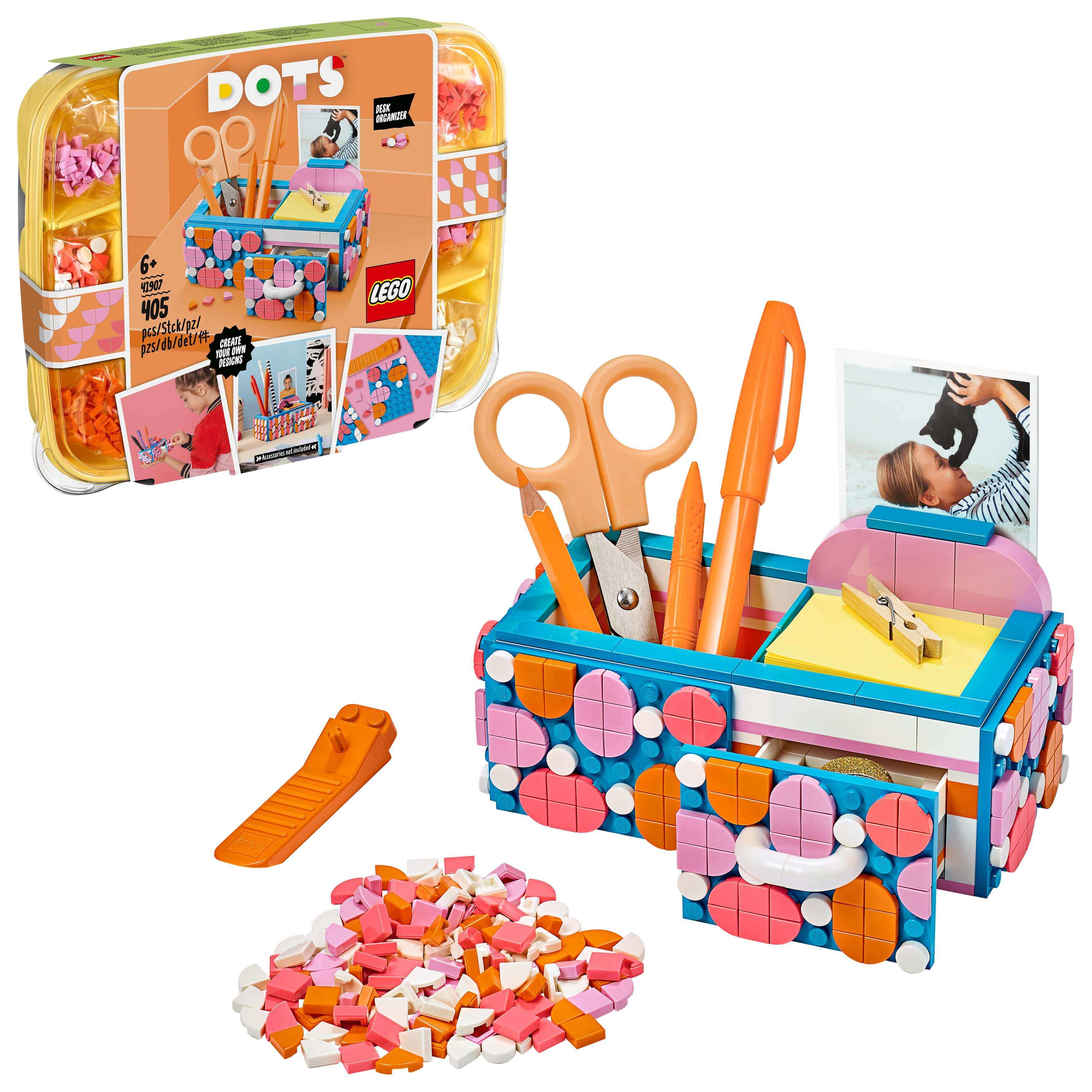LEGO DOTS Desk Organiser Arts & Crafts Set 41907 with box, tiles, and stationery for DIY crafts enthusiasts.