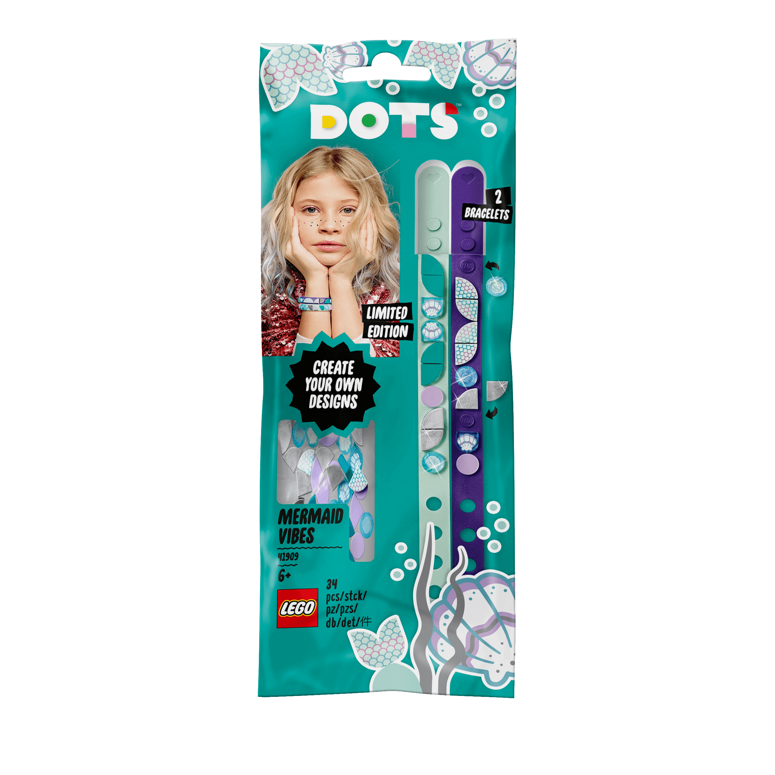 LEGO® DOTS Mermaid Vibes Bracelets craft kit featuring 2 adjustable bracelets and colorful tiles for creative design.