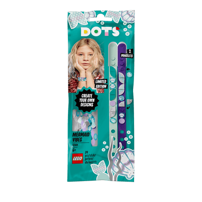 LEGO® DOTS Mermaid Vibes Bracelets craft kit featuring 2 adjustable bracelets and colorful tiles for creative design.