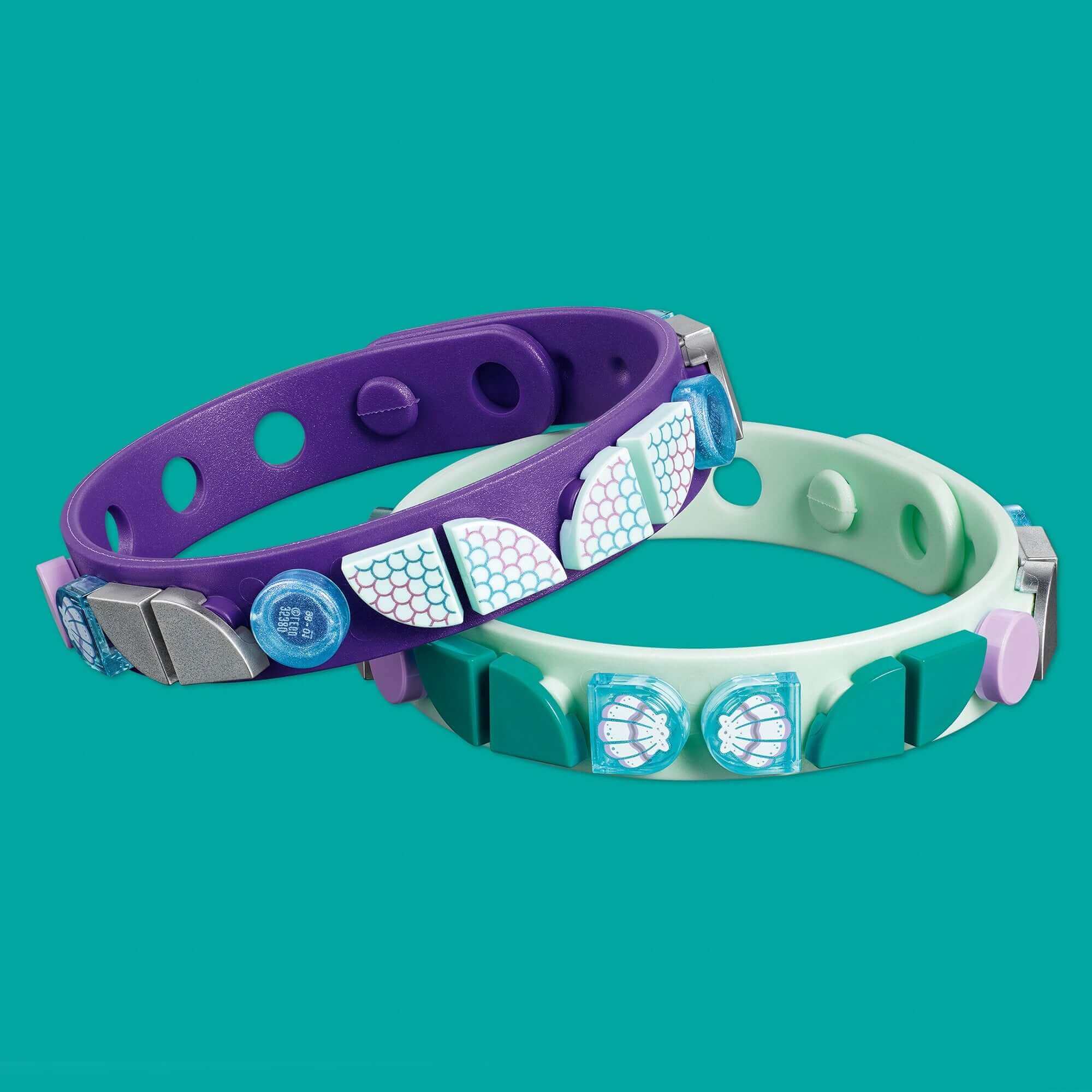 LEGO® DOTS Mermaid Vibes bracelets set with purple and teal designs featuring colorful tiles for creative fun.