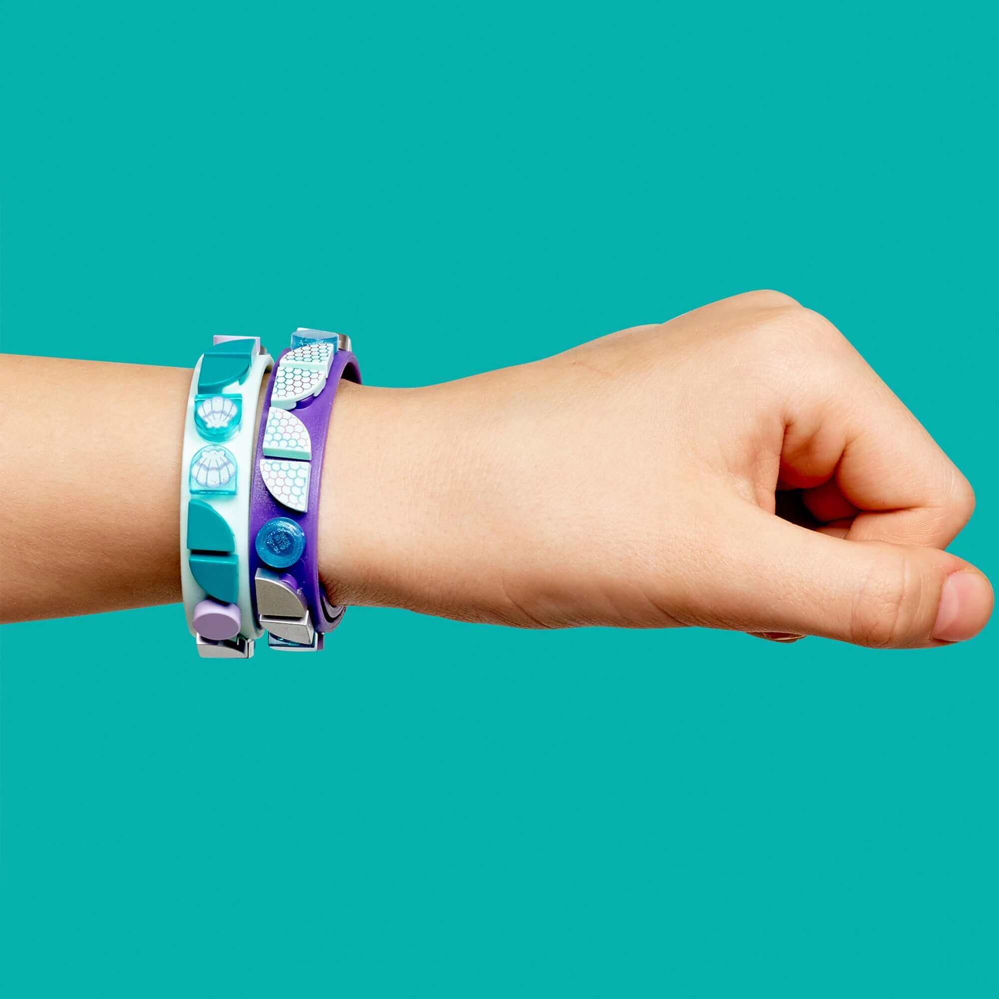 LEGO® DOTS Mermaid Vibes Bracelets set displaying colorful tiles on adjustable bracelets, perfect for creative kids.