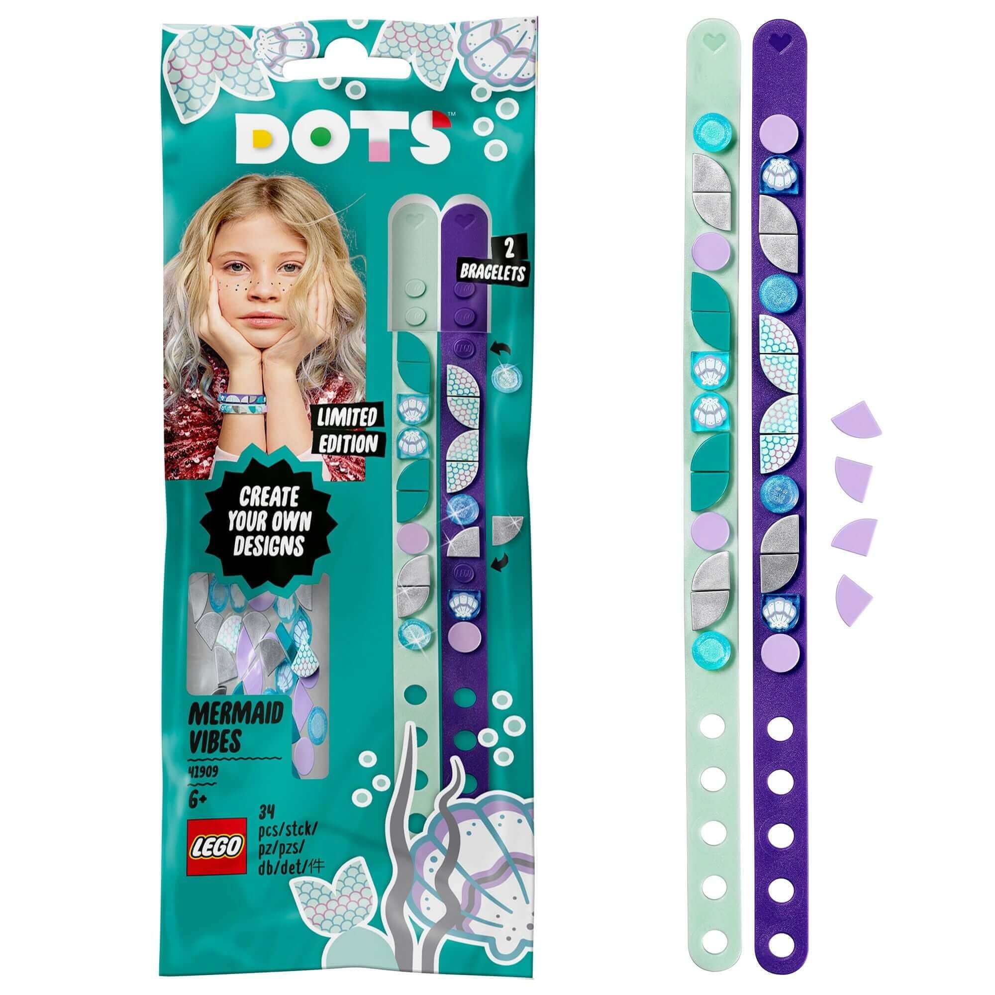 LEGO DOTS Mermaid Vibes Bracelets set with 2 adjustable bracelets and colorful tiles for creative fun.