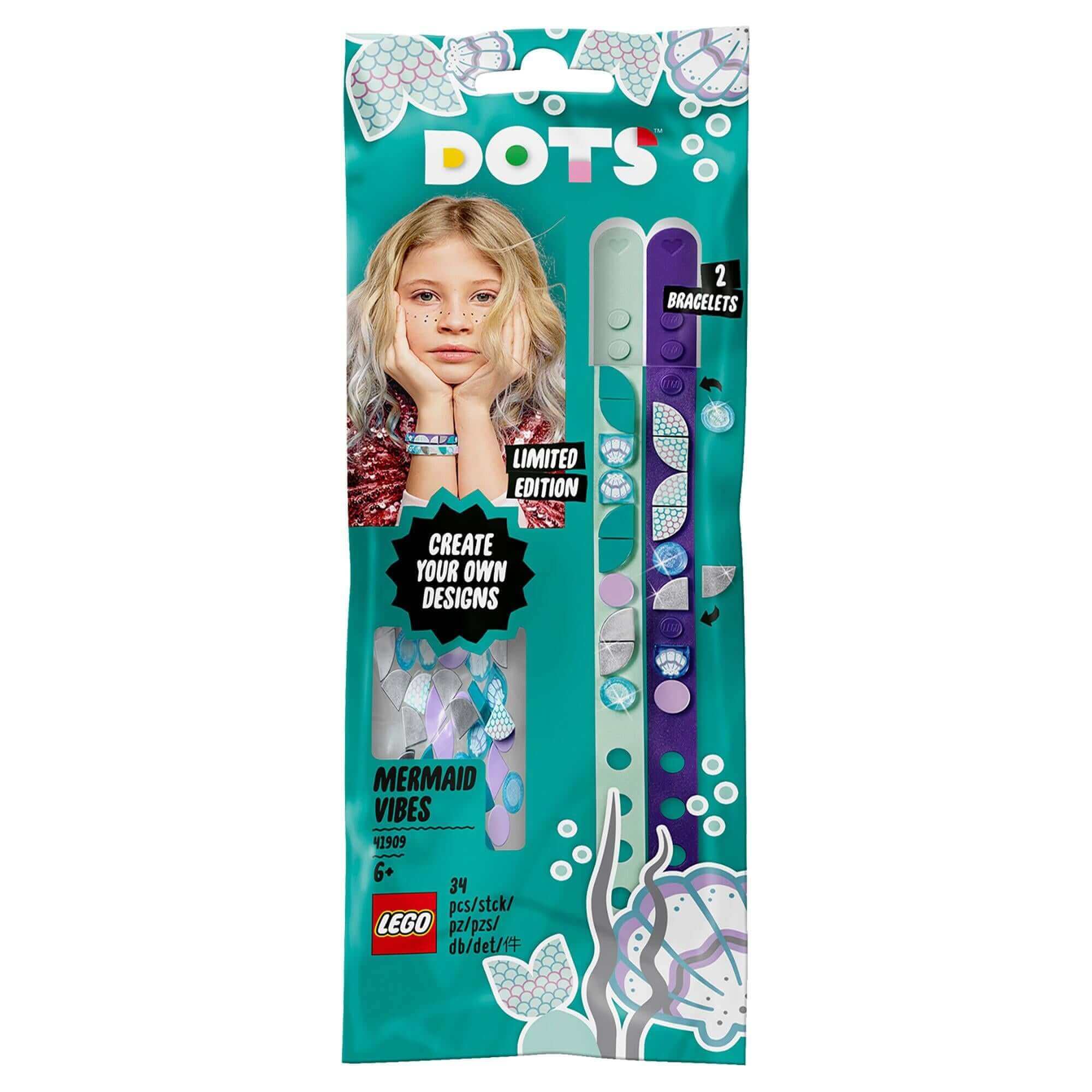 LEGO® DOTS Mermaid Vibes Bracelets Craft Set 41909, featuring adjustable bracelets and colorful tiles for creative design.