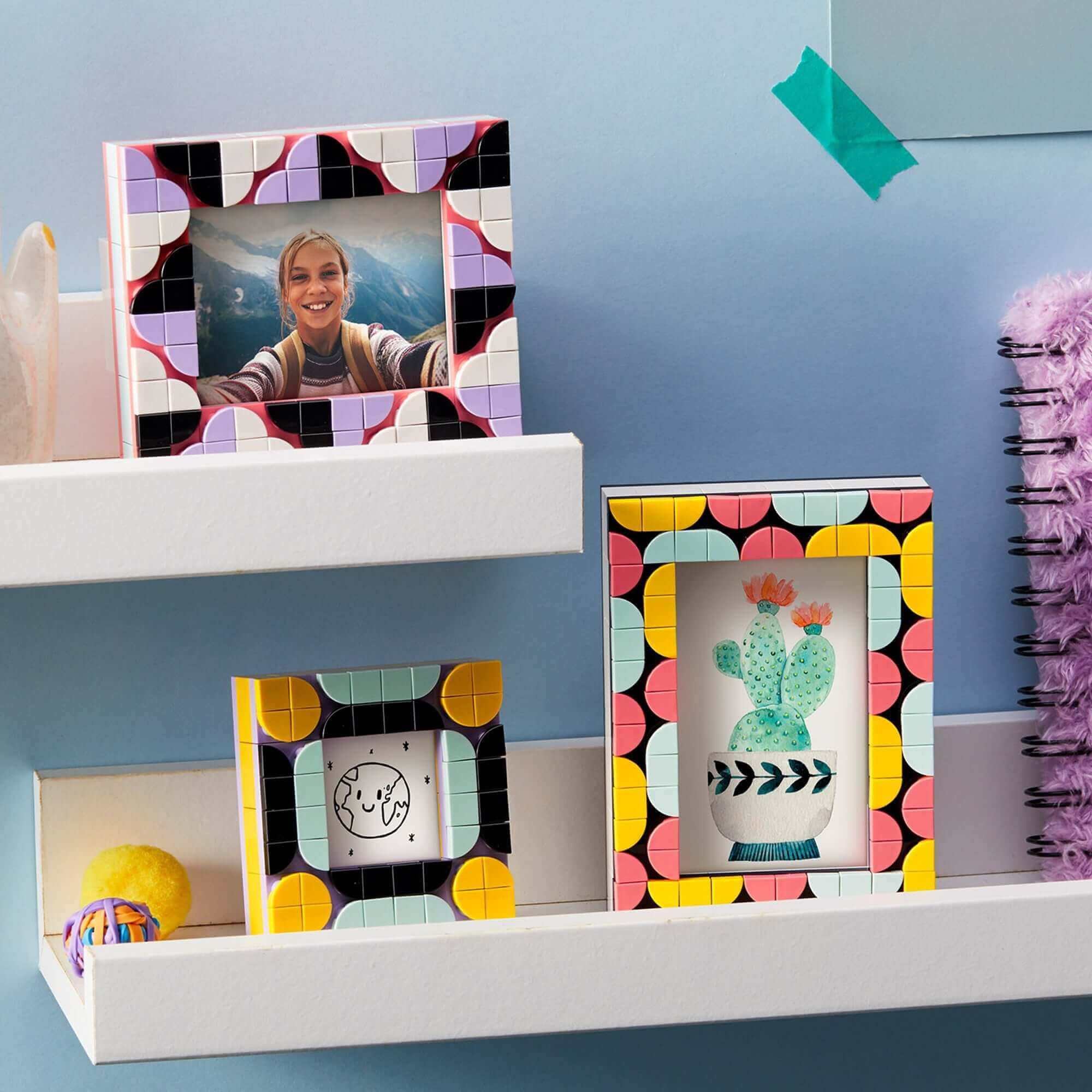 LEGO DOTS Creative Picture Frames Crafts Set 41914 featuring colorful, connectable photo frames with designs.