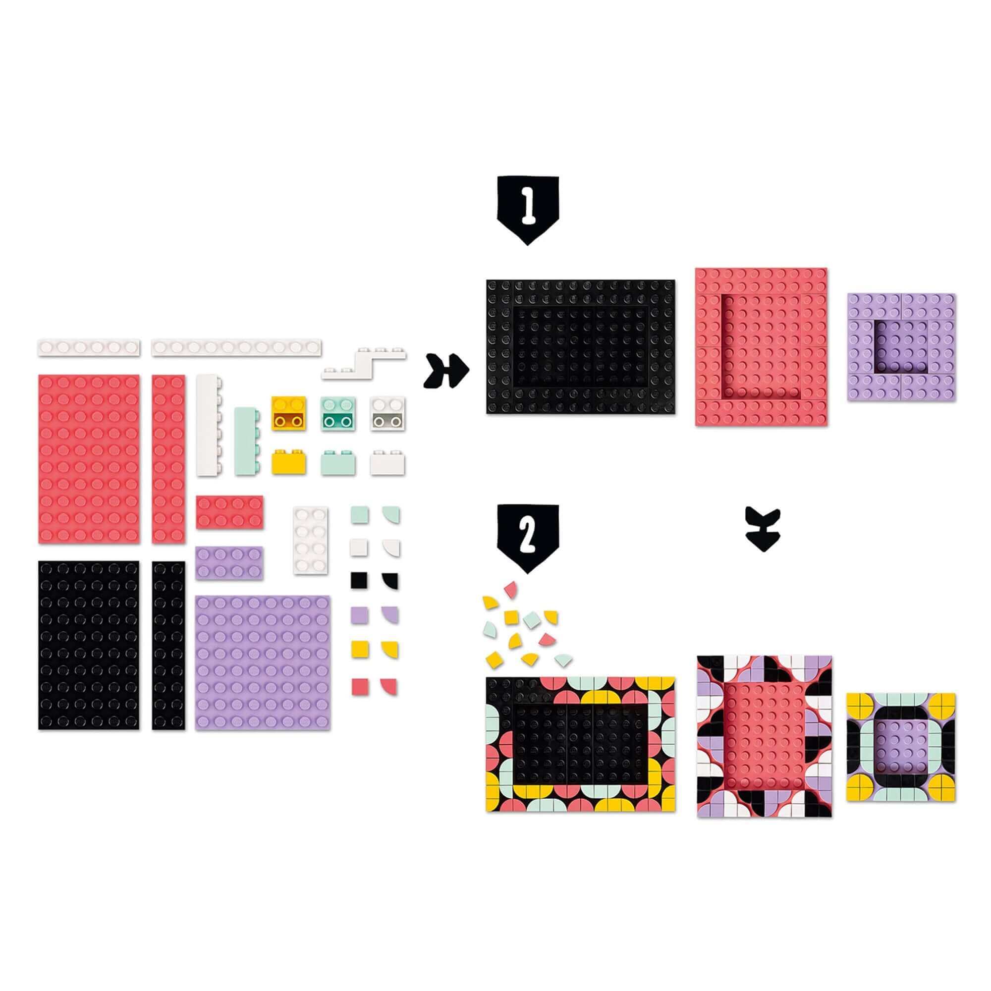 LEGO DOTS Creative Picture Frames Crafts Set 41914 with building tiles and frames layout for kids' crafting fun.