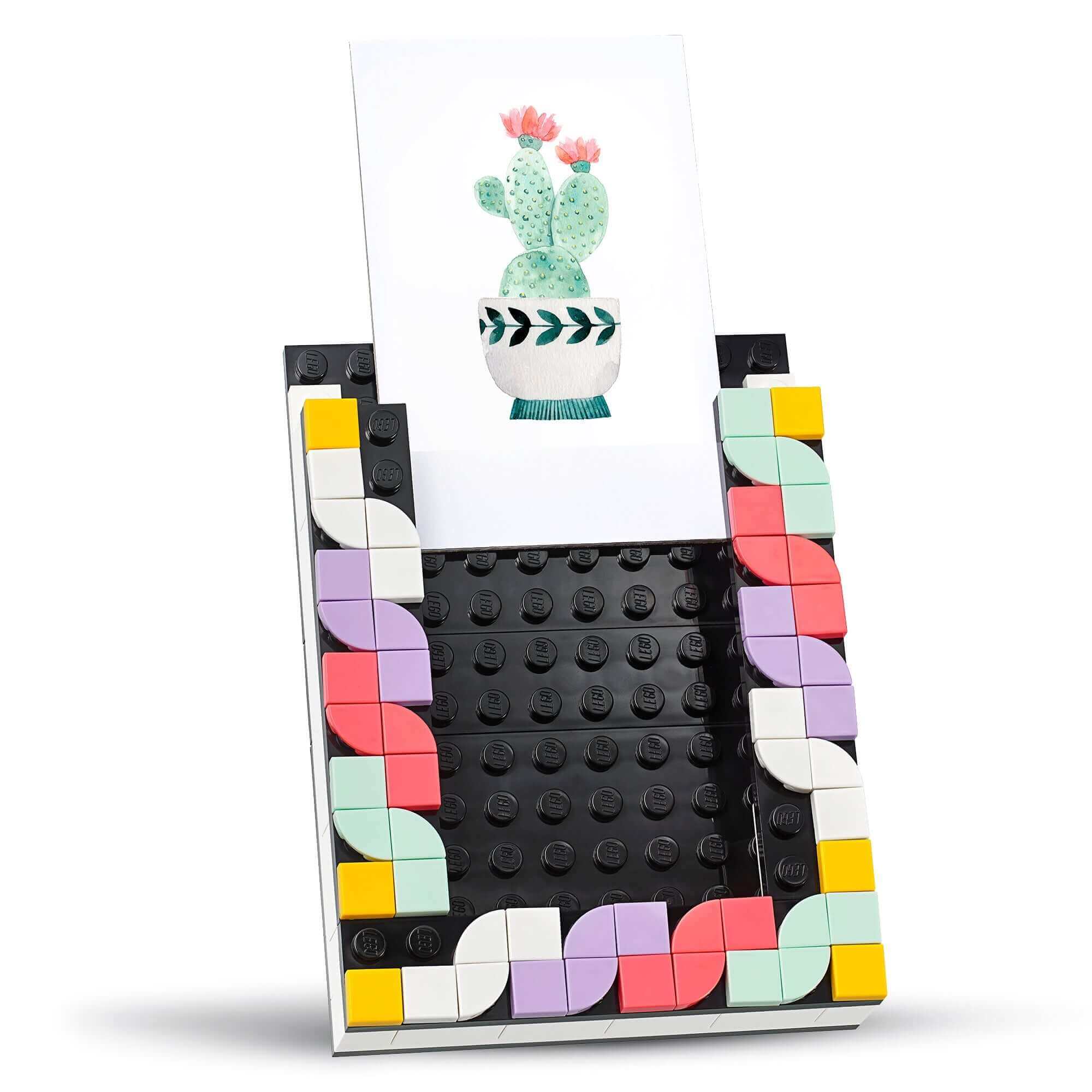 Colorful LEGO® DOTS picture frame displaying cactus art, perfect for inspiring creative kids in crafting.