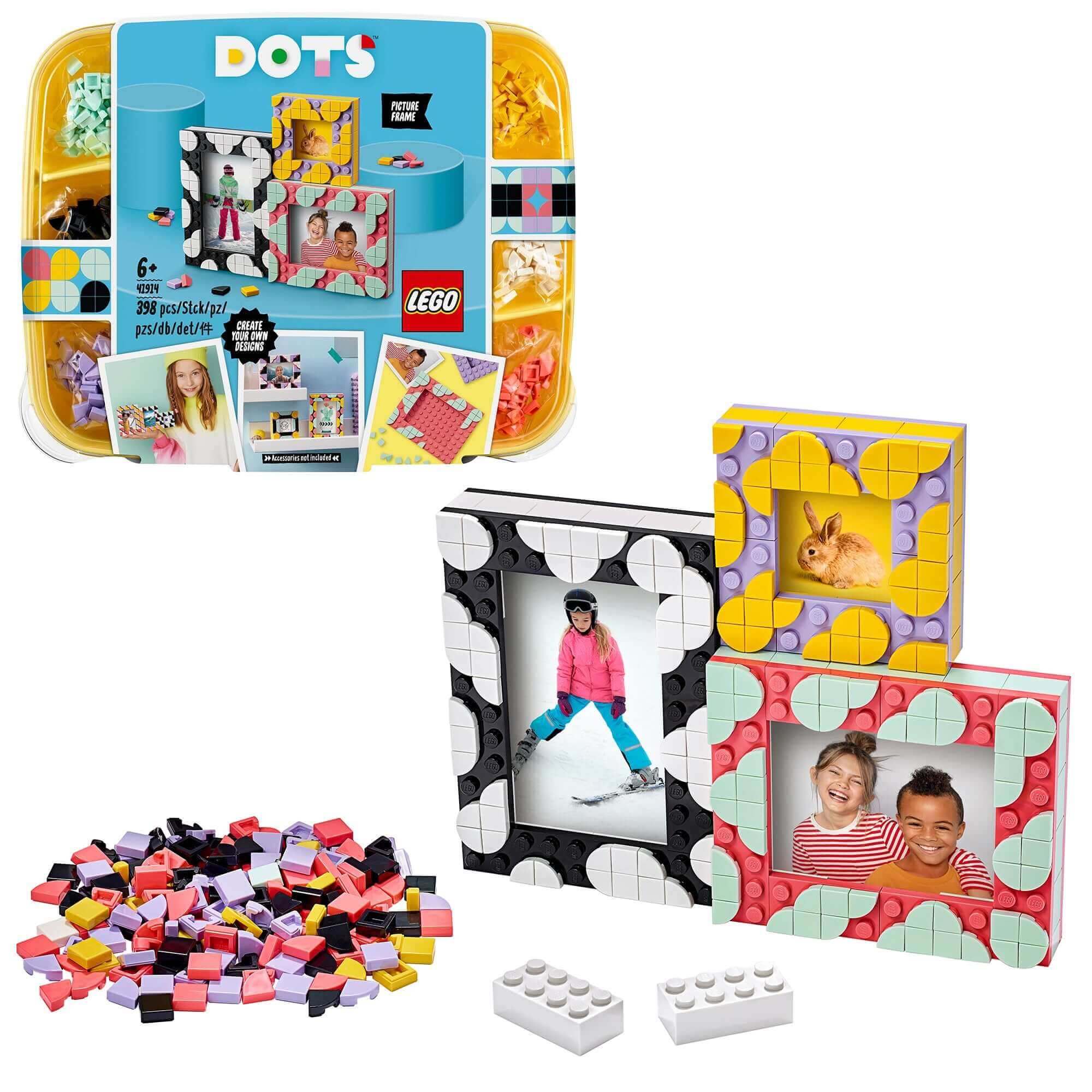 LEGO DOTS Creative Picture Frames Crafts Set 41914 with colorful tiles and connectable frames for kids.