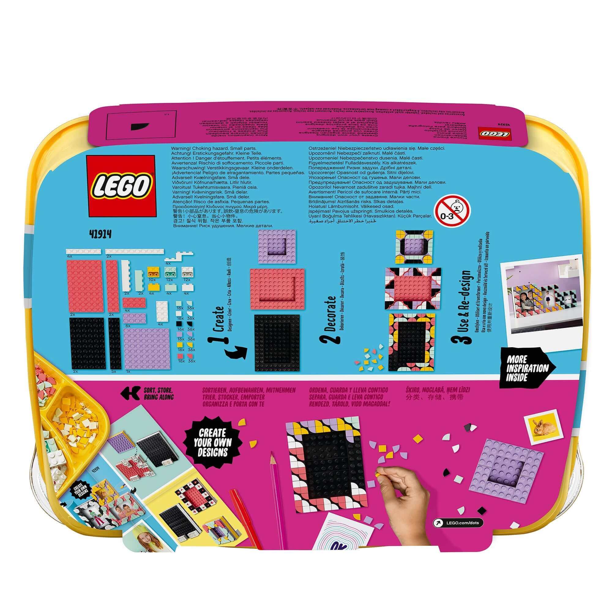 LEGO DOTS Creative Picture Frames Crafts Set 41914, back view showing design inspiration and assembly instructions.