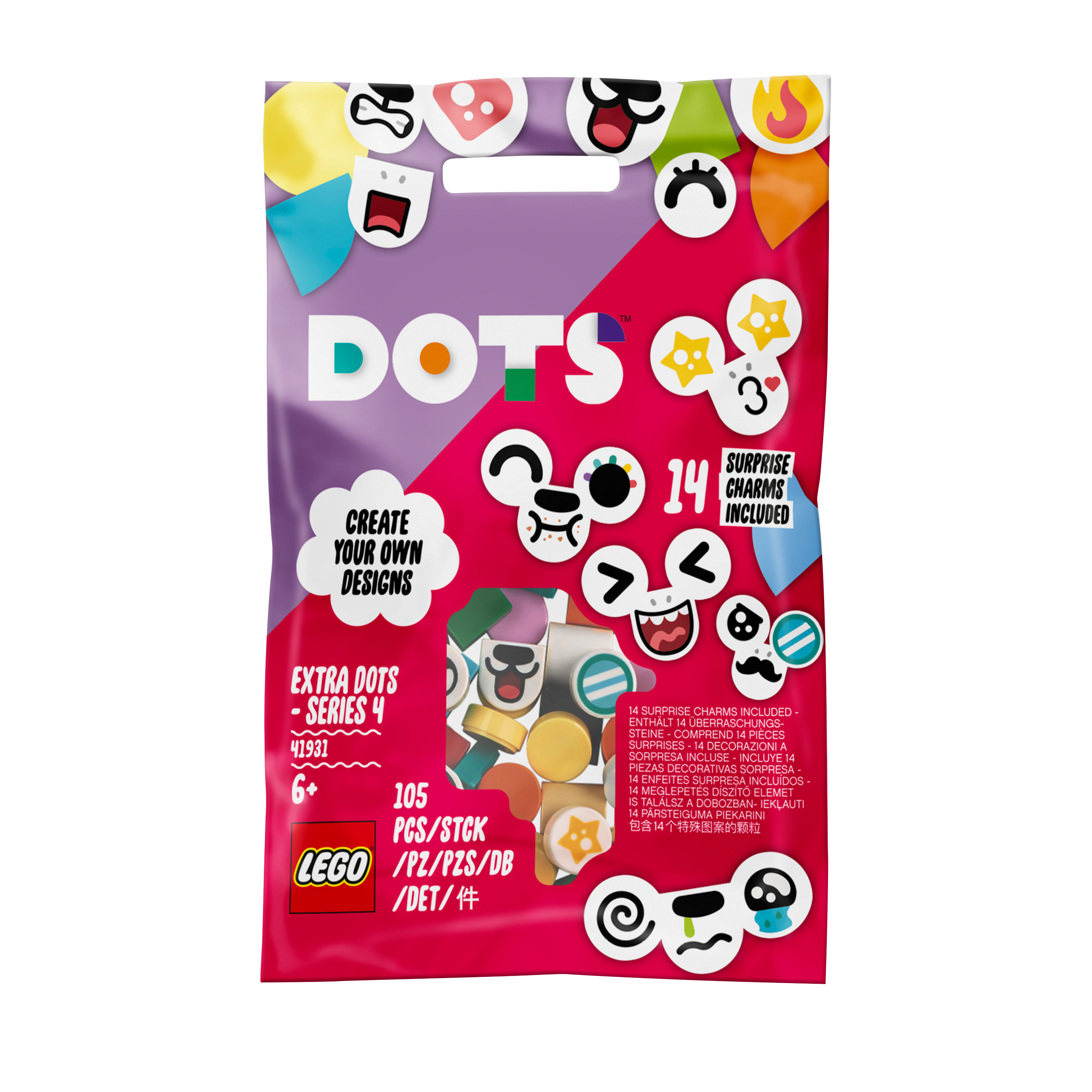 LEGO® DOTS Extra DOTS Series 4 Tiles Crafts Set 41931 with 105 tiles and mystery designs for young crafters.