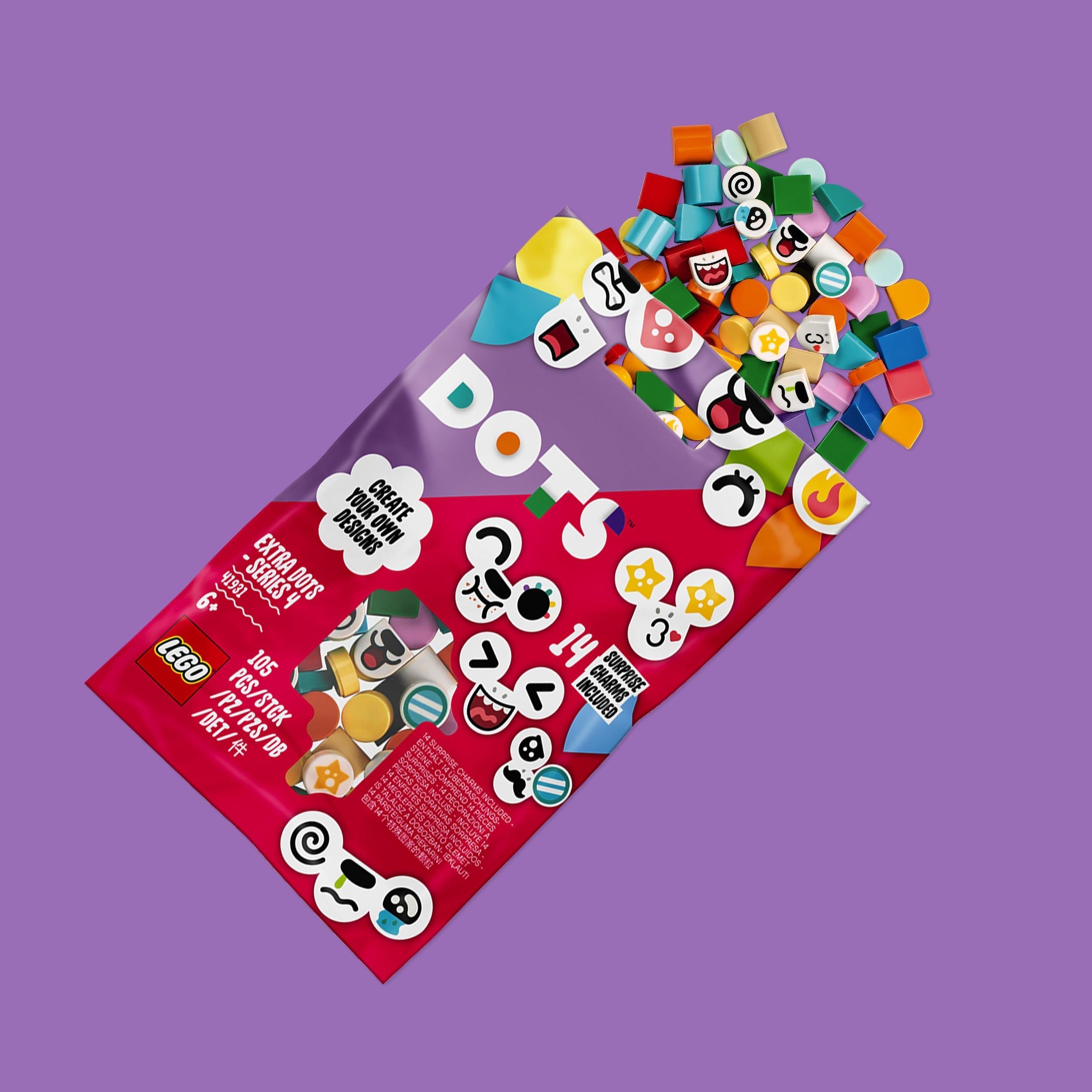 LEGO® DOTS Extra DOTS Series 4 Tiles Crafts Set 41931 with 105 colorful tiles and mystery designs for creative projects.
